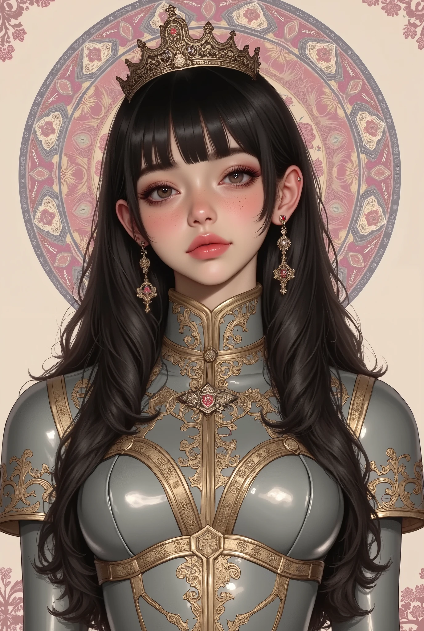 Famous Paintings、 top quality、woman、Freckles、 princess cut、揃えたbangs、 black hair、bangs、I can see my teeth being straightened with a smile、 profile、 upper body、 Dress Armor 、 tiara 、 Big Bust 、 facing the front、pastel mandala collage background、front、solo、