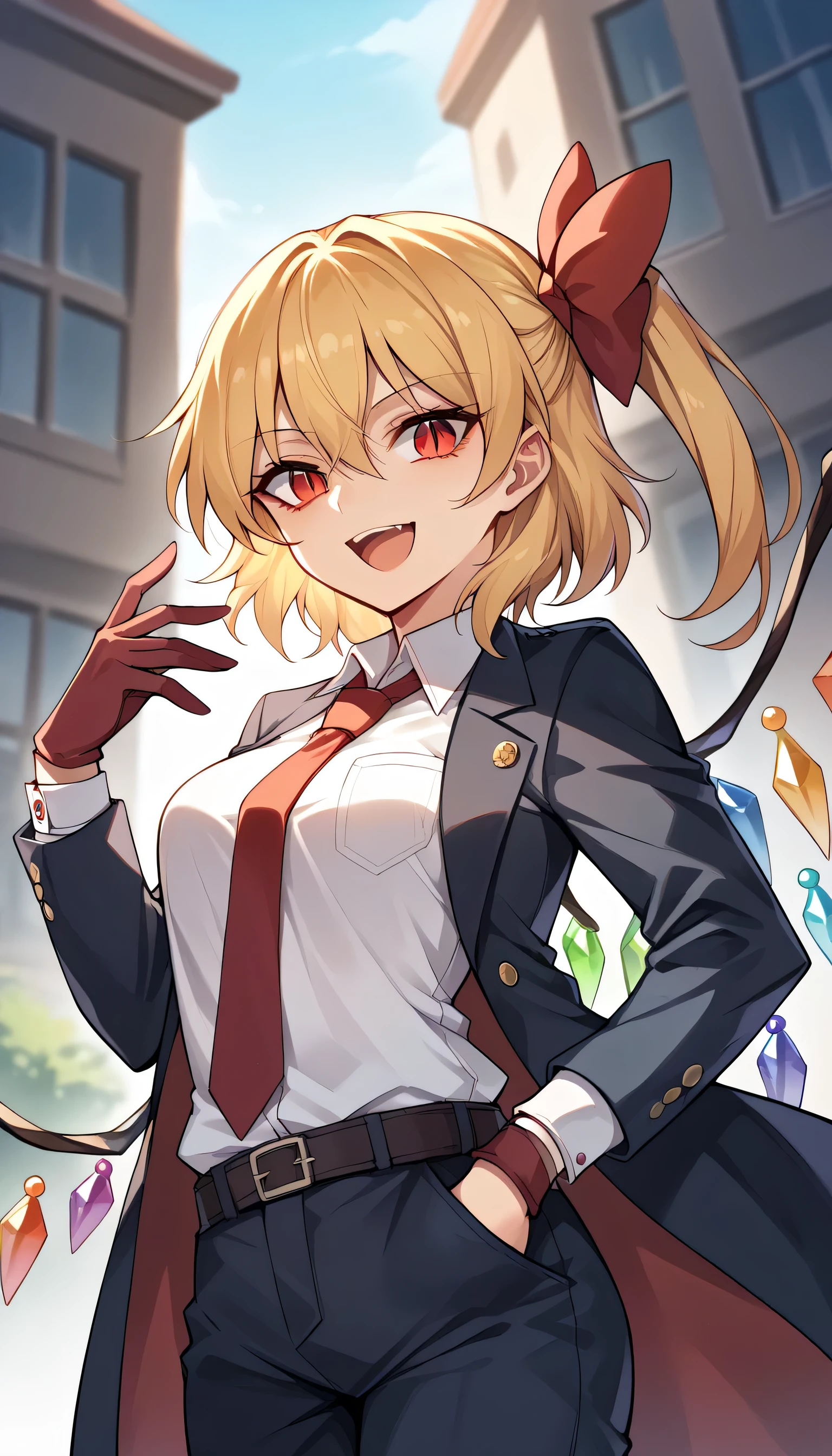 1girls, solo, female_focus, necktie, formal, gloves, suit, , adjusting_clothes, belt, hand_in_pocket, shirt, , jacket, pants, long_sleeves,Windows, Building,Evil smile,Open mouth, medium breast,flanN, flandre scarlet, blonde hair, side ponytail, red eyes, hair bow, red bow, hair between eyes, slit pupils, ,wings, crystal, crystal wings,