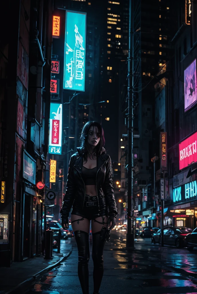 
a cyberpunk girl stands outside a nightclub on a street of a futuristic and dystopian city, not far away you can see futuristic cars with some cyborgs
