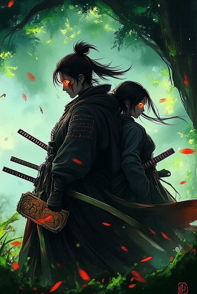 An anime-style illustration set in a breathtaking post-apocalyptic world on the brink of renewal. In the foreground, Kian and Lira stand back-to-back on a grassy hill, symbolizing their connection and shared sacrifice for the world.
Kian, standing tall, has his dark brown hair slightly messy and a worn battle cloak fluttering in the wind. His golden eyes glow faintly as he gazes forward with determination, holding a shard of the Evolution Core in his hand. The shard emits a soft green and golden light, casting a radiant glow on his scarred yet resolute face.
Behind him, Lira stands gracefully, her long black hair with green-tinted tips flowing in the wind. Her form is semi-translucent, blending into the scenery, symbolizing her sacrifice and eternal connection to the world. Her emerald eyes look over her shoulder, filled with quiet strength and serenity. Green, glowing vines wrap around her arms and feet, extending into the earth and connecting her to the massive tree in the distance.