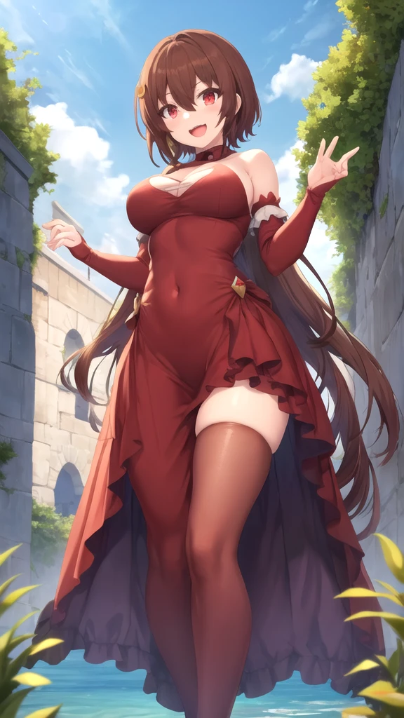 masterpiece, best quality, high quality, girl, solo, looking at viewer, keyaru_kaifuku_jutsushi, brown hair, red eyes, hair between eyes, large breasts, princess connect re dive cosplay, princess Dress, standing, smile, open mouth, outdoors 