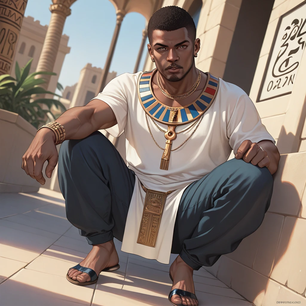  a dark-skinned black man ,  wearing a pharaoh's outfit, Nubian clothing , Detailed eyes,  disapproving look , full body, 30 year old man, Camera angle close to the body, taking a bottom-up view 