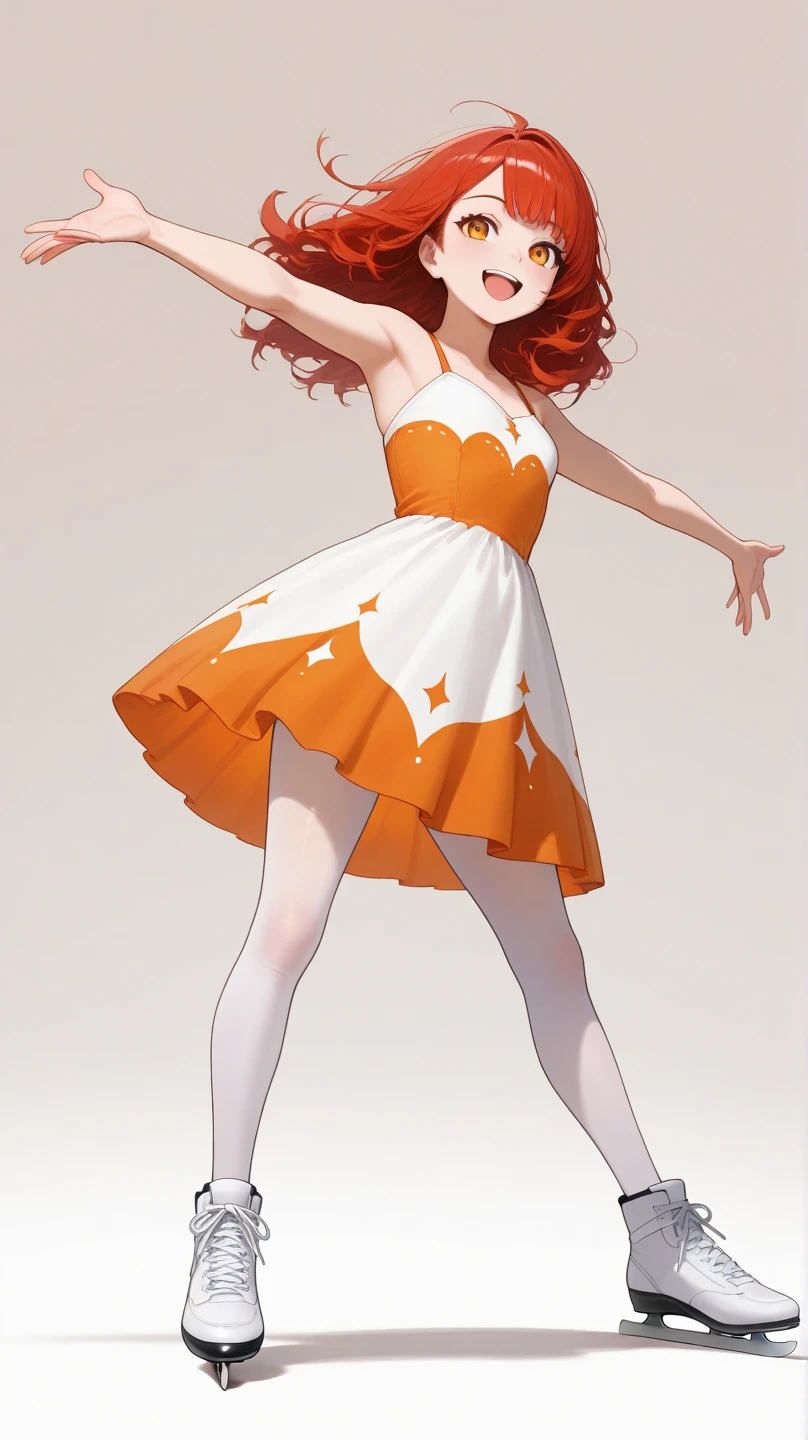 Auriana from Lolirock, portrait, solo, sharp focus, perfect anatomy, perfect arms, perfect hands, perfect fingers, perfect feet, short red hair, orange one-piece skating dress, happy, arms stretched out, skin colour pantyhose, white skating shoes, full body