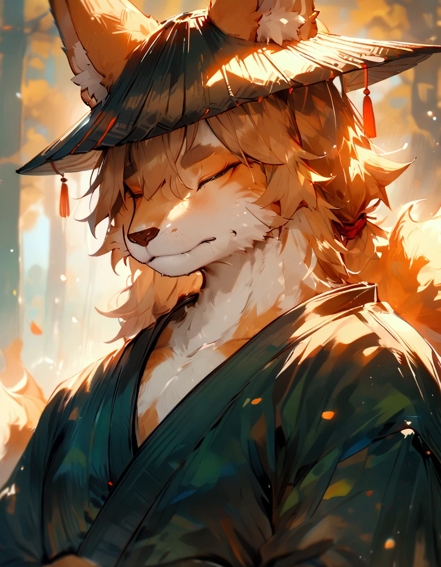 masterpiece, newest, absurdres, safe, high detailed, masterpiece. high detailed, male, relaxed, Solo, Anthro male, Anthropomorphic, Source_furry, High Fantasy, Male, Masculine, Anthro face, Handsome male, upperbody, handsome, Kitsune Anthro, Anthro Fox, Male, Kitsune male anthro, furry kitsune, white fur, black kimono, samurai, kaza hat, conic samurai hat, kitsune, red tattoo, closed eyes.