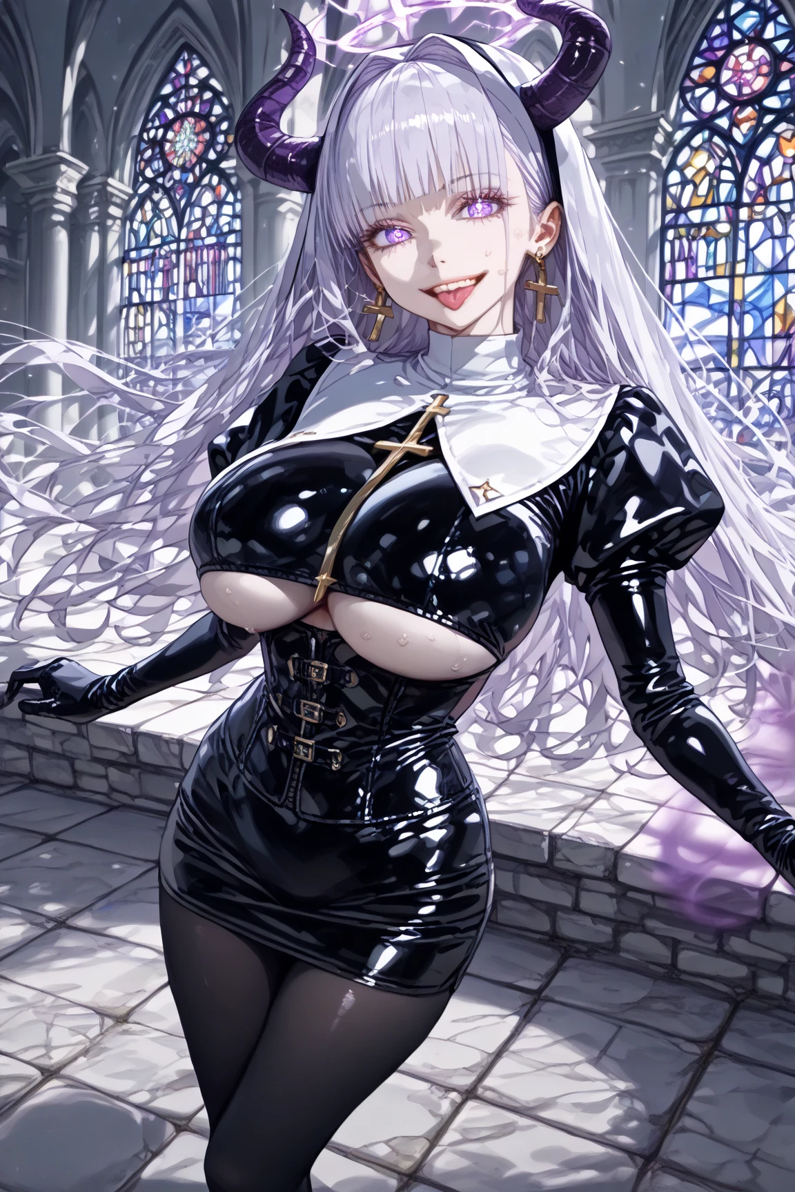  One Girl \( mature woman,(Devil horn,Devil Wing:1.3), devil and nun fusion, evil, ( long hair:1.2), Silver Hair,  side lock,  dull pan ,  Princess Cut ,  Nun Clothing and Bodysuit Fusion ,  attractive figure ,  perfect proportions,  ideal body shape,  attractive proportions, Tight Woman ,  curvy body on the body, (大きな魅力的な笑face), very elaborate black latex nun bodysuit, cross,  clevis on a stone, knitted corset , Super shiny fabric  , very wrinkled fabric ,  puffy sleeve ,  elbow gloves , gem,  Shiny Skin, Reflective Fabric ,  earrings, Sacred Robe with cross, ( pantyhose:1.2),  short mini skirt ,  Very Glittering Wrinkled Clothes, Very beautifully detailed face,focus on face, (evil smile,  sadistic ,  erotic) ,( enchanting eyes:1.3), ( purple eyes), (face\(Provocative, Magical Circles ,Charmed〜Three Witch Sisters,  excited, mischief\):1.2),, Crazy,   bodystocking ,  fishnet tights ,  high heels,  thigh-length boots to show off your posture,  Forward-leaning Position , ( clevis on a stone:1.3), pink  clevis on a stone,  Sexy Cut Out , (Detailed pupil:1.5), tongue, evil halo,  Dynamic Poses ,(Purple Aura:1.5)Around the body\).background\( inside church,  Stained Glass, detailed background, sweat, hot, Pink Mood , dark, candle\). (from top:1.8), dutch angle, dynamic angle with blue lightning, longshot, wide shot, Pizzurri Gesture、under boob, huge breast