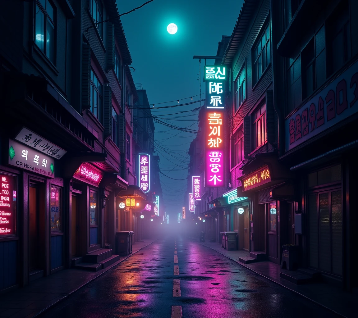 background, Seoul, street, empty street, dark, orange, bright lights, neon lights, pretty, colourful, vibrant, purple, green, blue, pink, yellow, moon, moonlight, stars, hyper realism, photography