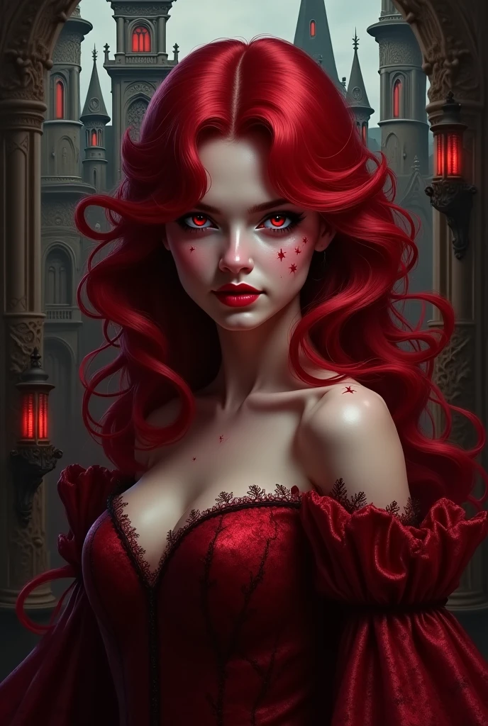 Woman with red hair, demon, black horns, orange eyes
