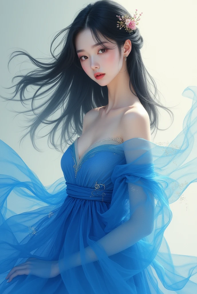 absurderes, ultra-detailliert,bright colour,(in 8K:1.3),masuter piece,extremely beautiful detailed face and eyes, 25 years old,(Smooth straight black hair:1.3), (Shiny long hair:1.2),(Pattsun bangs:1.2) Delicate beautiful face, red blush、(Deep blue eyes:1 blue and white beuatiful dress :1.3), Natural Nice Spot, Detailed face, under the water, looking back at the camera.