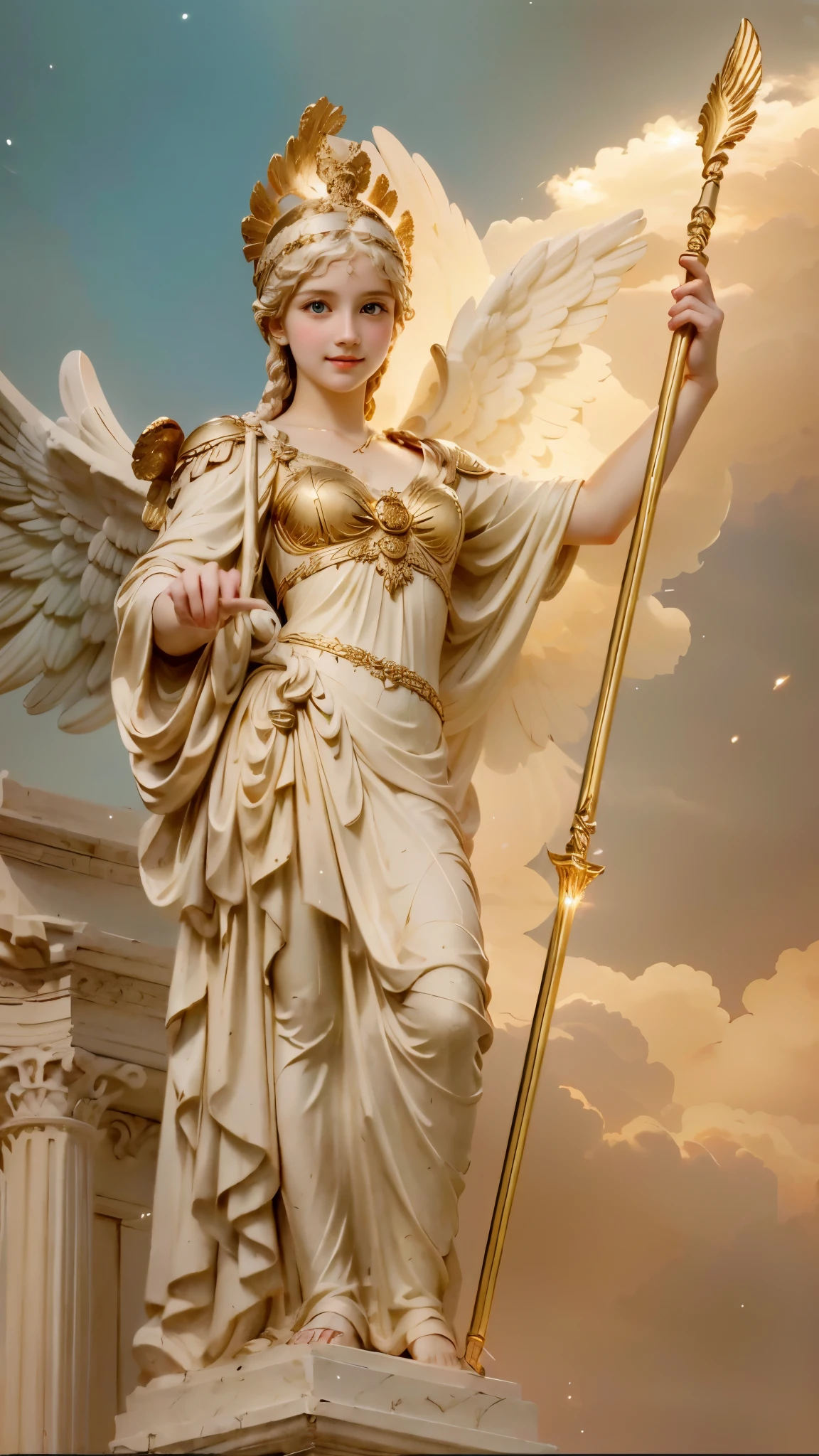 a statue of a woman holding a spear and a flag in front of a building with columns and columns, greek goddess athena, The God Athena, Athena goddess of wisdom , Golden Goddess Athena, goddess da mitologia grega, marble statues, the greek goddess aphrotite, greek goddess, old greek goddess, Winged Victory !!!, neoclassical style, Venus goddess Athena , masterpiece , Better quality, (()), ((18 years old)), ((female )), Clean face, The cute agers , Perfect anatomy, wet, Happy smile, realistic face, realistic, Dynamic Side Lighting , perfect lighting, dynamic pose style, dynamic angle , (1 ), Solo Focus, small breasts, ((loli,Photoreal ,hug, looking at the viewer, FEMALE ANGEL WITH FOUR WINGS , with her arm raised , Greek style, realistic, MEDIABLE , classic style, classical painting, realistic PAINTING, golden ornament, GOLDEN SHOULDER , golden asas, Maiden, goddess, Roman GREEK MUSE, Roman, long hair , golden hair, 8k RESOLUTION, ANGELIKA KAUFFMANN STYLE PAINTING , William-Adolphe Bouguereau PAINTING STYLE , realistic, ( Better quality, 4K, 8k, a high resolution nighttime restaurant, masterpiece :1.2), Ultra-detailed, retrato realistic, Detailed expression , graceful posture, dream atmosphere, expressive brushstrokes , mystical atmosphere , artistic interpretation, Beautiful curled hair ,delicate floral jewelry, Stylish clothing small and incredible , a whimsical illustration , subtle colors and tones, mystical aura, Details have been updated