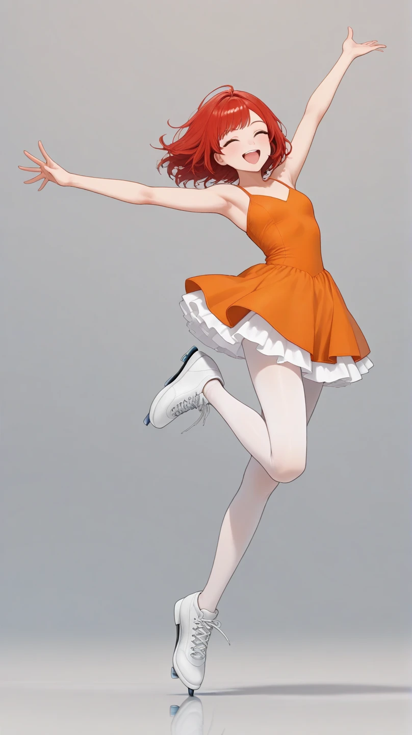 Auriana from Lolirock, portrait, solo, sharp focus, perfect anatomy, perfect arms, perfect hands, perfect fingers, perfect feet, short red hair, orange one-piece skating dress, happy, arms stretched out, skin colour pantyhose, white skating shoes, full body, -yeld, 1m