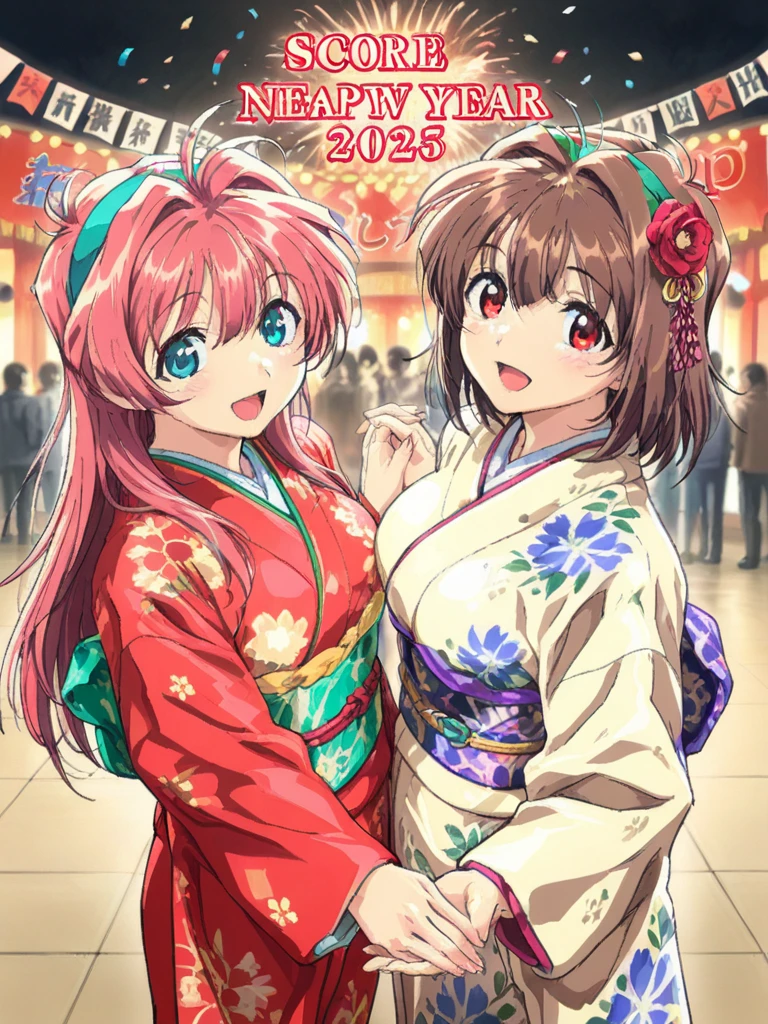 masterpiece, best quality, two girls, 
KawaiRie, short hair, brown hair, red eyes, large breasts,
MizunoMakoto, long hair, red hair, pink hair, aqua eyes, large breasts, hairband,
Furisode, party, party, new year party, new year party 2025, happy, a happy new year,