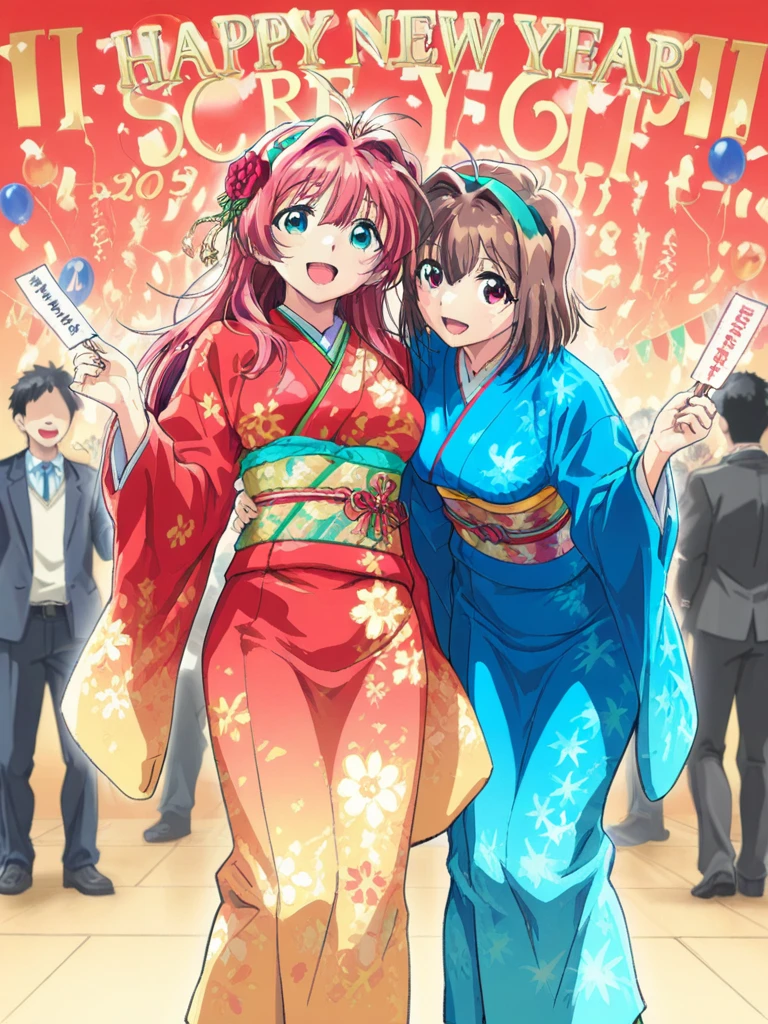 masterpiece, best quality, two girls, 
KawaiRie, short hair, brown hair, red eyes, large breasts,
MizunoMakoto, long hair, red hair, pink hair, aqua eyes, large breasts, hairband,
Furisode, party, party, new year party, new year party 2025, happy, a happy new year,