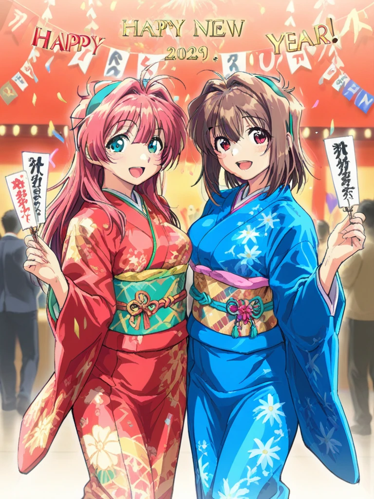 masterpiece, best quality, two girls, 
KawaiRie, short hair, brown hair, red eyes, large breasts,
MizunoMakoto, long hair, red hair, pink hair, aqua eyes, large breasts, hairband,
Furisode, party, party, new year party, new year party 2025, happy, a happy new year,