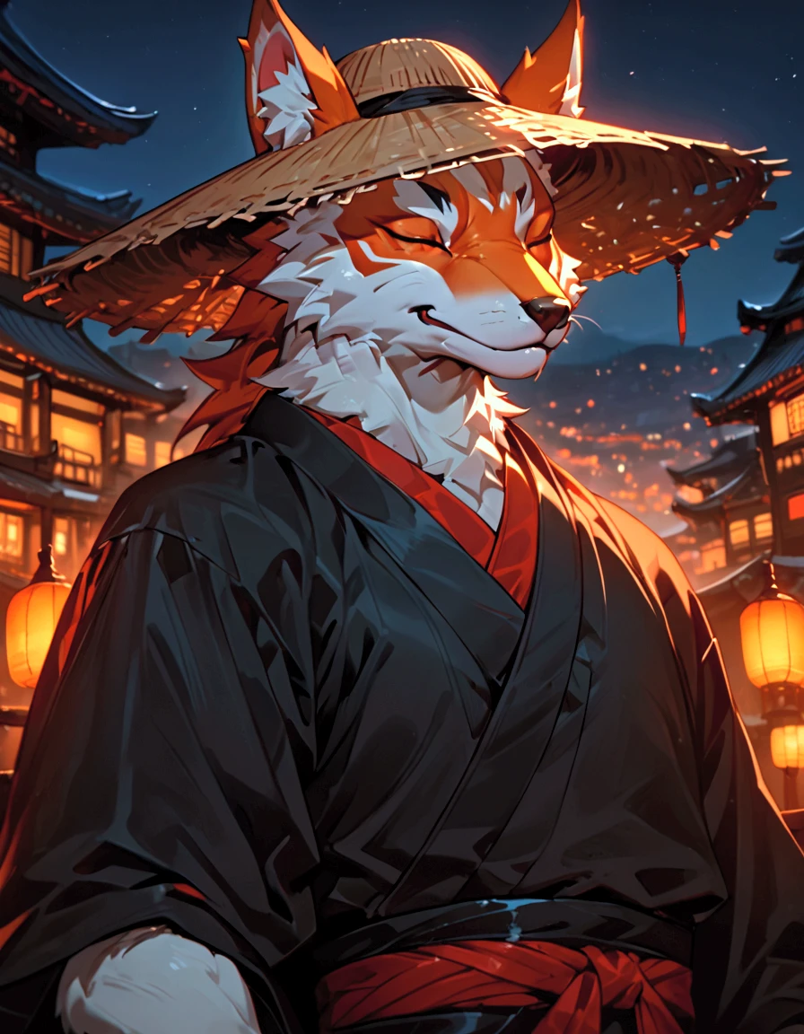 masterpiece, newest, absurdres, safe, high detailed, masterpiece. high detailed, male, relaxed, Solo, Anthro male, Anthropomorphic, Source_furry, High Fantasy, Male, Masculine, Anthro face, Handsome male, upperbody, handsome, Kitsune Anthro, Anthro Fox, Male, Kitsune male anthro, furry kitsune, white fur, black kimono, samurai, conic straw hat, straw conic hat, kitsune, red tattoo, closed eyes., Detailed Night Background, Night time background.