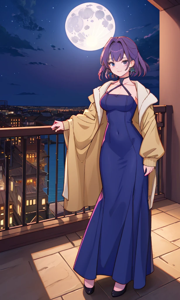 clothes:Chest A dress that fits snugly around the hips,place:Illuminated by the moonlight balcony,night,Drawing Settings:((Anatomically correct body)),((Highest quality)),((High resolution)),(Only five fingertips),((Character: One Person)),