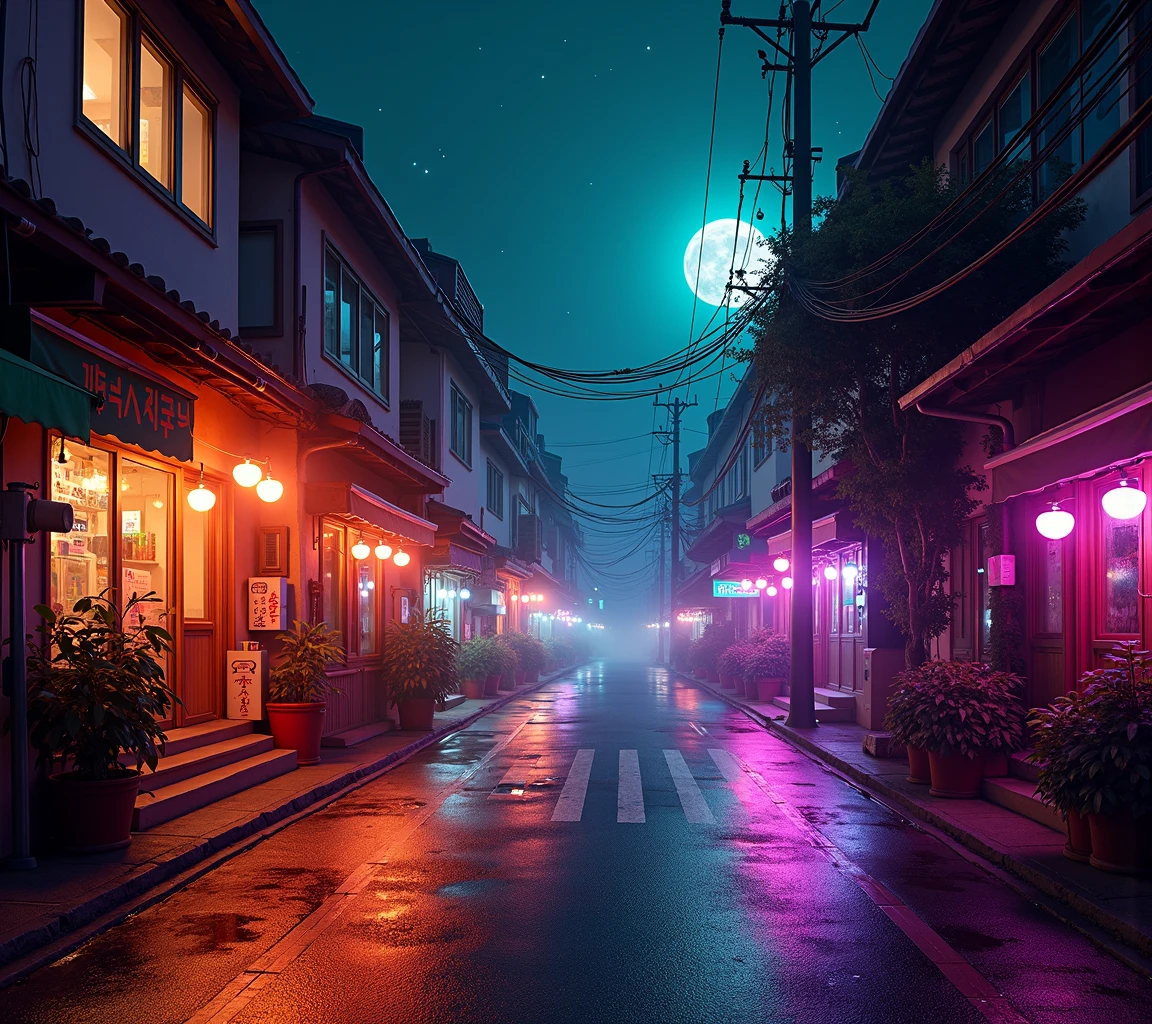 background, Seoul, street, empty street, dark, orange, bright lights, neon lights, pretty, colourful, vibrant, purple, green, blue, pink, yellow, moon, moonlight, stars, hyper realism, photography, HD, realistic, close up