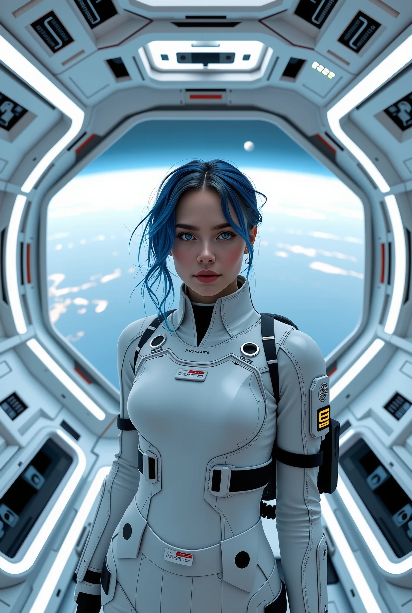 Create a hyperrealistic image of a futuristic room, Sharp everything, technological details inside a spaceship, white fluorescent structures, everything looks white, with big futuristic windows see through flying over a white planet, very bright and clear. Inside there is a beautiful brown skin woman with blue eyes, European face, captured in a natural pose. Perfect body, full body, detailed beautiful face, natural beauty, hyperrealistic skin, messy black hair, mixed with blue hair, She wears a futuristic designed outfit with incredible technological details and white luminescence. ¾ pose. The entire composition should reflect maximum detail and serve as a visual masterpiece. Strong radiant white light illumination. Highlight in the scene the futuristic environment, 