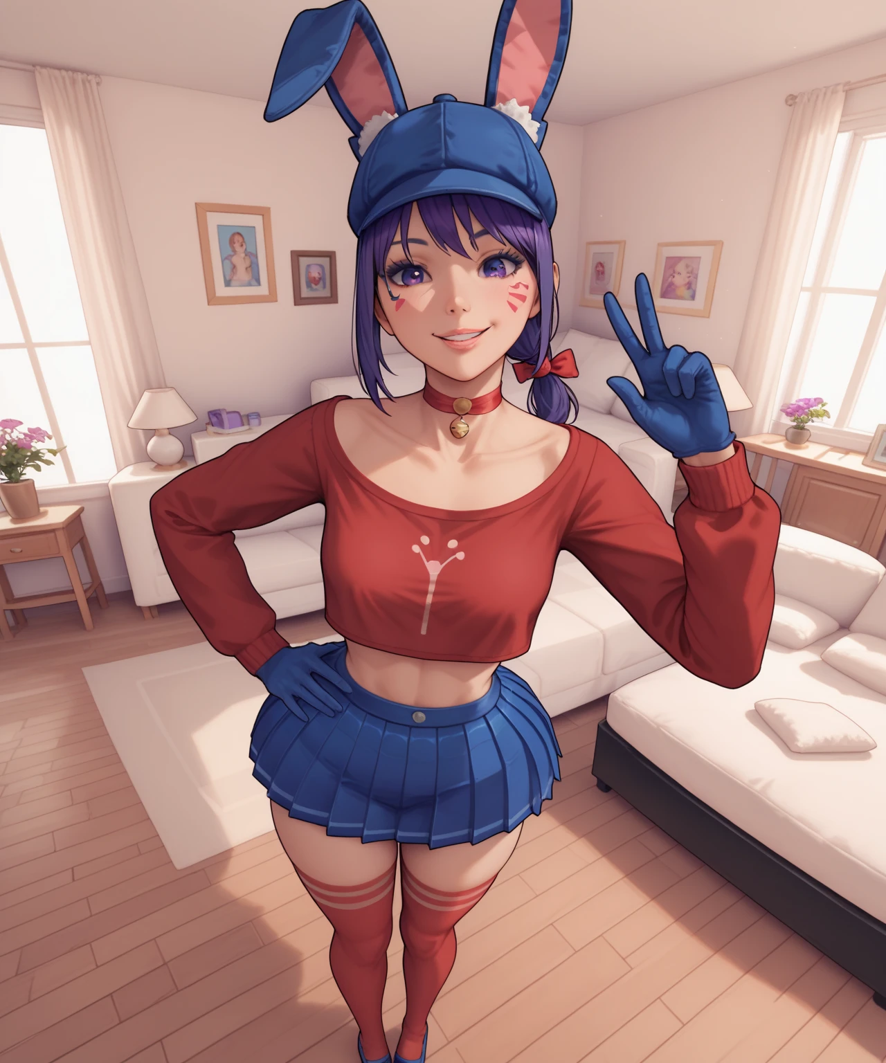 absurd, masterpiece, best quality, very aesthetic, 1 , Alone,
ChopioMita, purple hair, purple eyes, looking at viewer,
[small breasts : medium breasts:20], wide hips, narrow waist,
medium hair, sides, teardrop facial mark, low ponytail,
costume_1, cat hat, bunny hat, blue hat, ribbon choker, red shirt, crop top, long sleeves, blue gloves, blue skirt, pleated skirt, zettai ryouiki, red thigh highs,
smiling, parted lips,
indoor, living room, wooden floor, standing, hand on own hip, diaphragm, reflection in eyes,