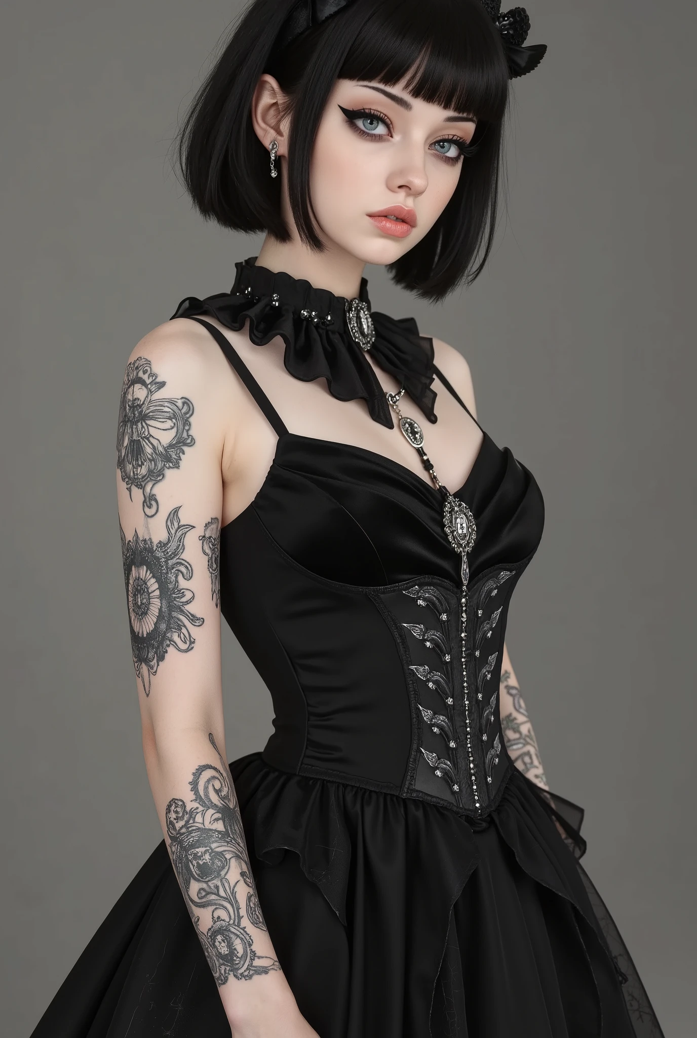 3D Render, 3D Model, of a beautiful skinny girl, short hair, gothic dress, (no tattoos)