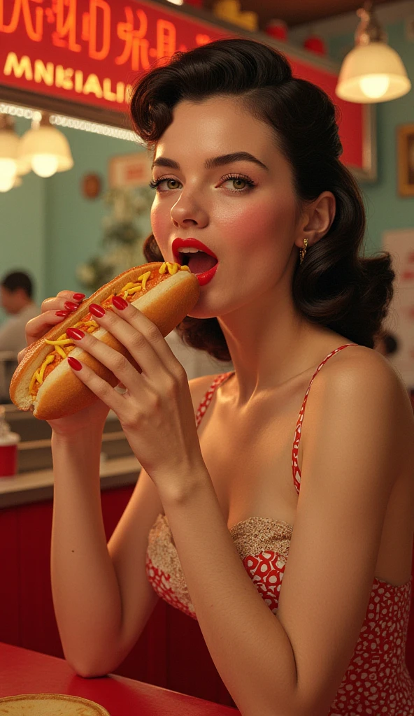 a retro illustration of a beautiful pin-up woman eating a delicious well filled hot-dog, she is holding the hot dogs with both hands, detailed facial features, striking eyes and lips, elegant pose, vibrant colors, warm lighting, photorealistic, 8k, high quality, detailed background, intricate textures, hyper-realistic, masterpiece, digital art