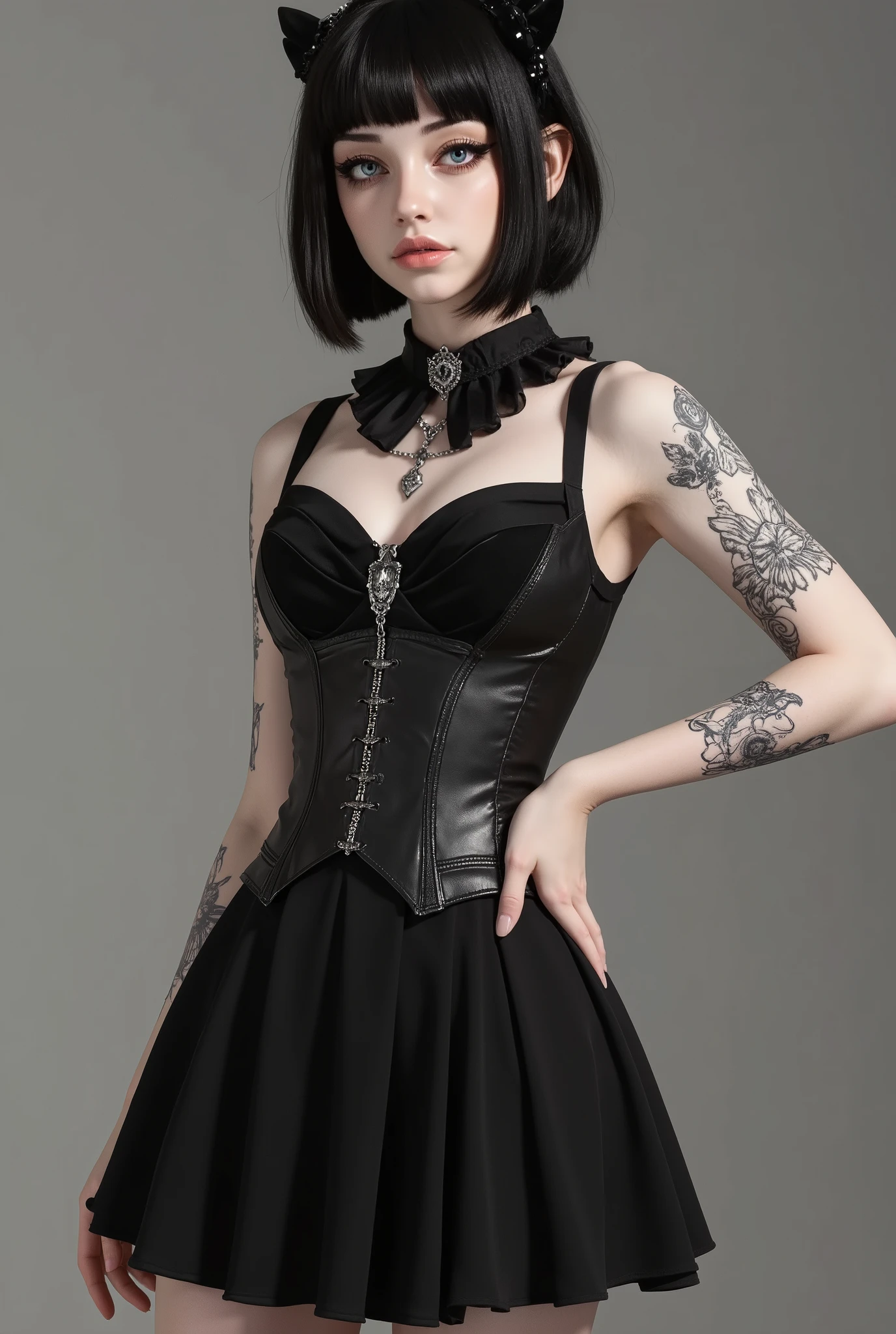3D Render, 3D Model, of a beautiful skinny girl, short hair, gothic dress