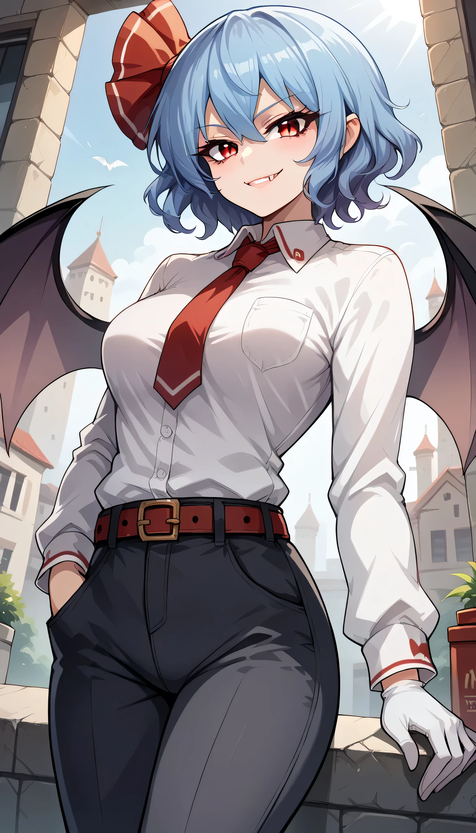 1girls, solo, female_focus, necktie, formal, gloves, suit, , adjusting_clothes, belt, hand_in_pocket, shirt, , jacket, pants, long_sleeves,Windows, Building,Evil smile,, medium breast,zzRemilia, red eyes, blue hair, short hair,, wings, bat wings, 