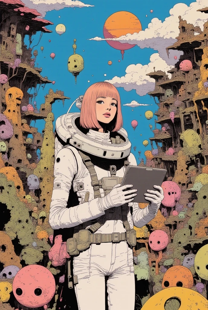 (highly detailed, realistic photo, realistic skin texture), 8K, A sexy woman dressed as a lightweight astronaut, bobbed hair, Holding a futuristic tablet, a curious look, Encounters with cute alien creatures, There's a lot of giant alien life around them, unusual structures and topography, mysterious skies and planets floating in the sky