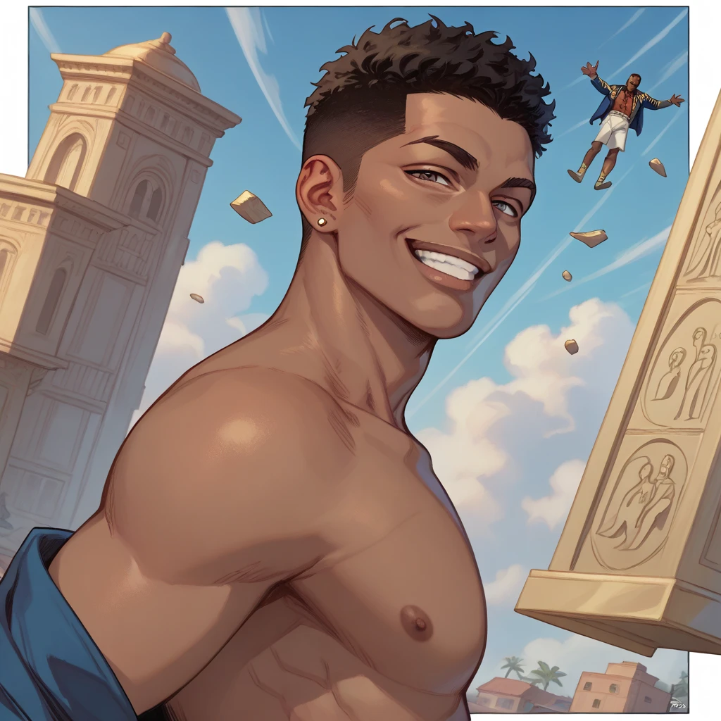  shirtless black man with shiny dark skin, arrogant face, corpo normal ectamorphose, medium round african hair, pharaoh&#39;s servant&#39;s clothing, he is smiling secretly,  floating with arms behind the side , short fade hair shaved on the sides, looking at the viewer in anime style inime, base drawing. 