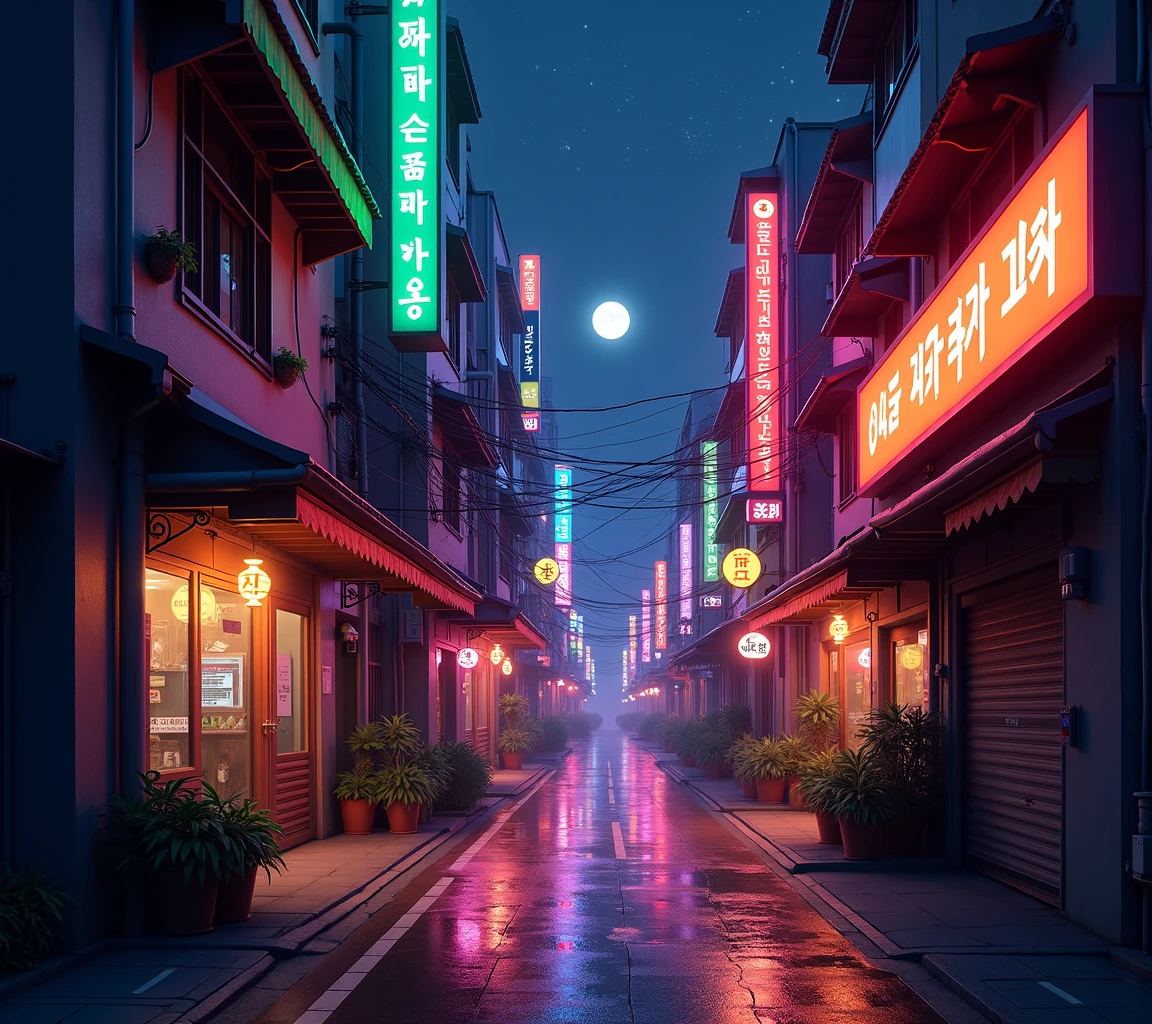 background, Seoul, street, empty street, dark, orange, bright lights, neon lights, pretty, colourful, vibrant, purple, green, blue, pink, yellow, moon, moonlight, stars, hyper realism, photography, HD, realistic, close up