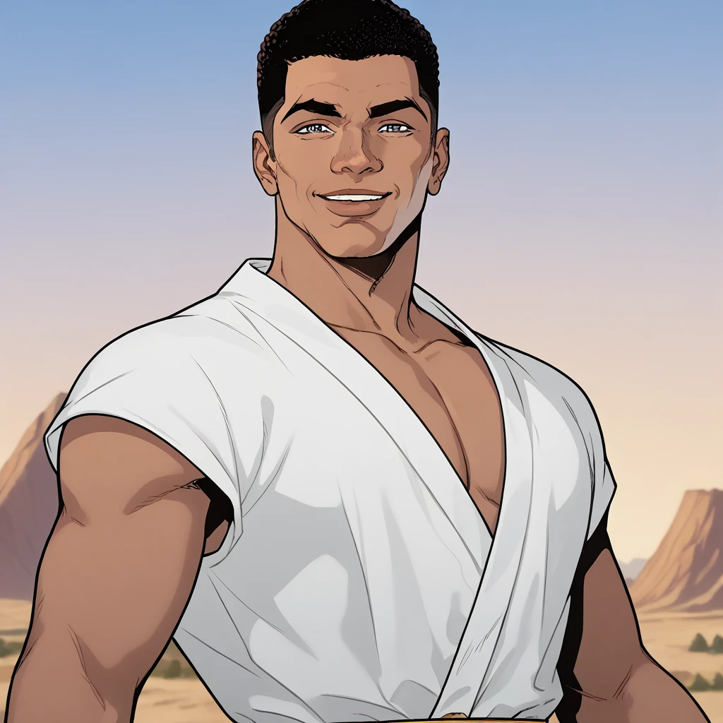  shirtless black man with shiny dark skin, arrogant face, corpo normal ectamorphose, medium round african hair, pharaoh&#39;s servant&#39;s clothing, he is smiling secretly,  floating with arms behind the side , short fade hair shaved on the sides, looking at the viewer in anime style inime, base drawing. 