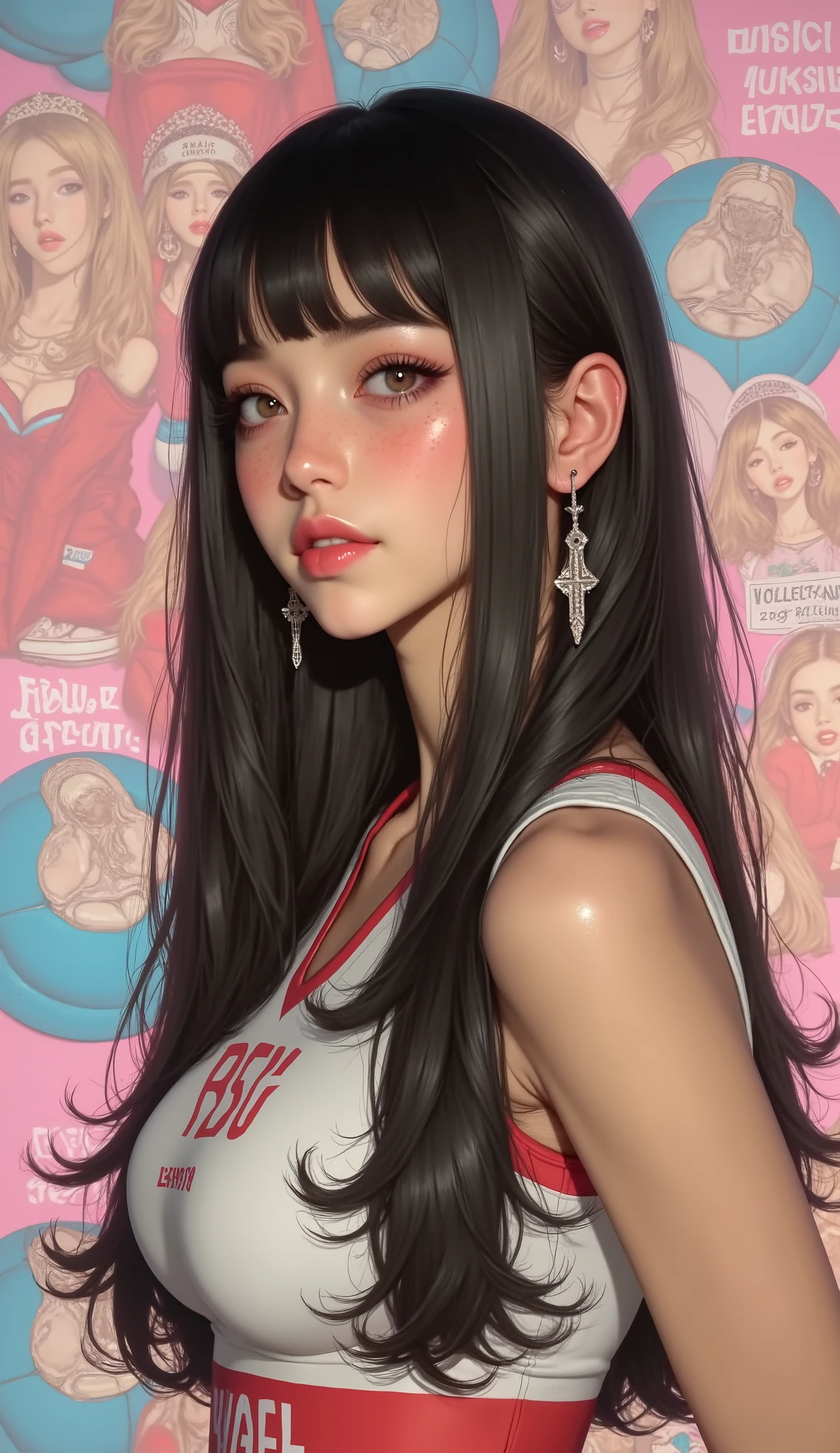 Famous Paintings、 top quality、woman、Freckles、 princess cut、Trimmed bangs、 black hair、 shorthair 、I can see my teeth being straightened with a smile、 profile、 upper body、 Female Volleyball Players 、 Big Bust 、 facing the front、pastel volleyball collage background、front、solo、