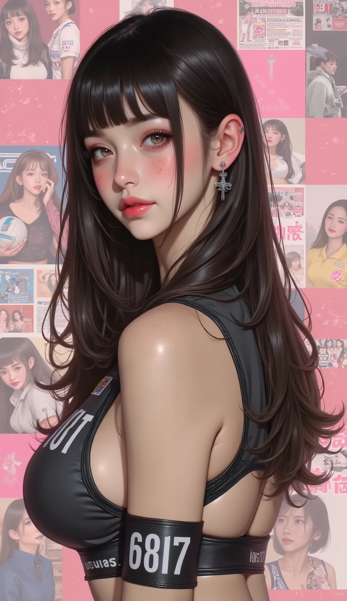Famous Paintings、 top quality、woman、Freckles、 princess cut、Trimmed bangs、 black hair、 shorthair 、I can see my teeth being straightened with a smile、 profile、 upper body、 Female Volleyball Players 、 Big Bust 、 facing the front、pastel volleyball collage background、front、solo、
