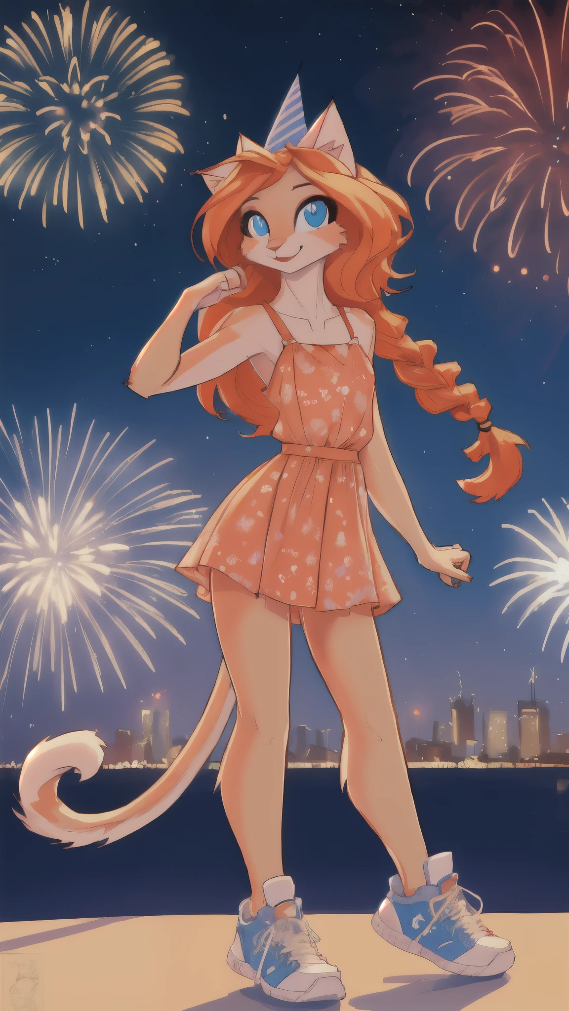 Cute young age female anthro cat girl, skinny, long orange hair, 2 braids in hair, blue eyes, wearing sneakers with untied shoelaces, thin figure, sensual smile, wearing a loose short sundress, wearing a party hat, ringing in the new year, night, fireworks, excited