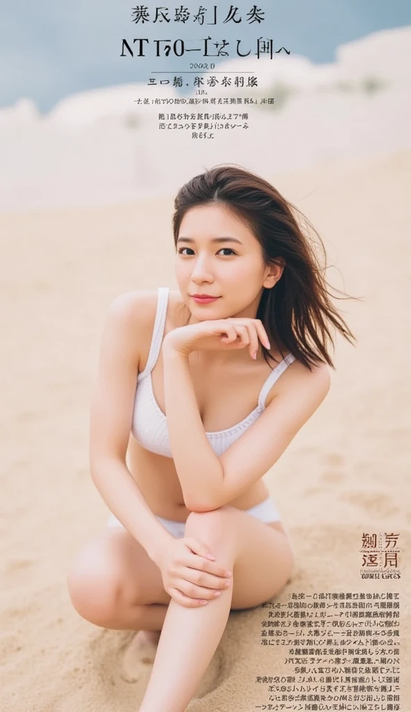 The composition is a full body shot from below 、Correct structure as a human 、 correct structure as a woman、A woman with big boobs is naked on the beach wearing a bikini swimsuit and having fun alone、 top quality、masterpiece、 Not wearing underwear 、barefoot, 