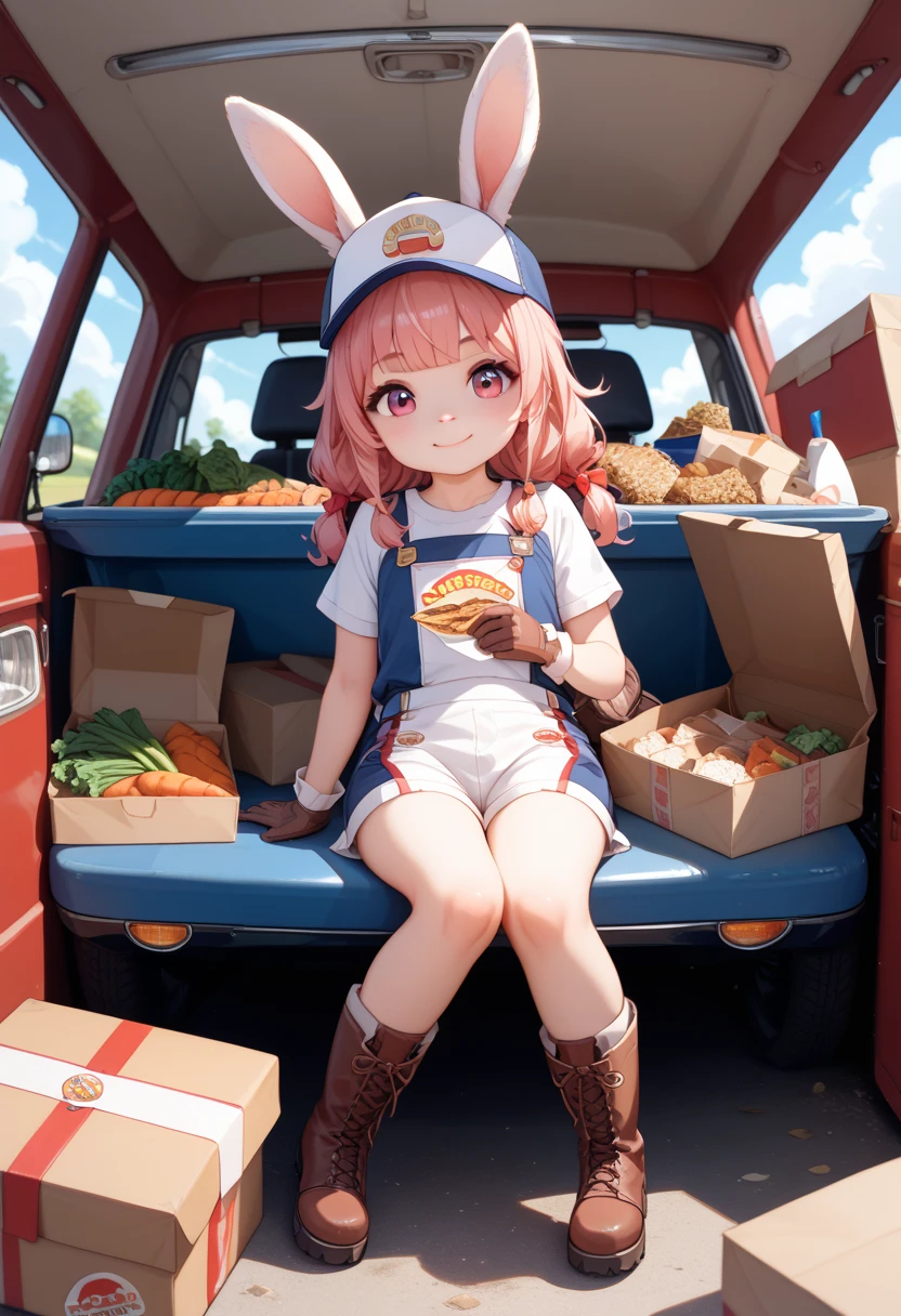 score_9、score_8_ up、score_7_ up、masterpiece、 top quality、１ cute girl、Bouncy low twin、hot bangs 、Work Clothes with Fur  、hat、gloves、 boots、 miniature rabbit delivery man by truck、A class license 、Fast delivery of vegetable boxes 、 high resolution