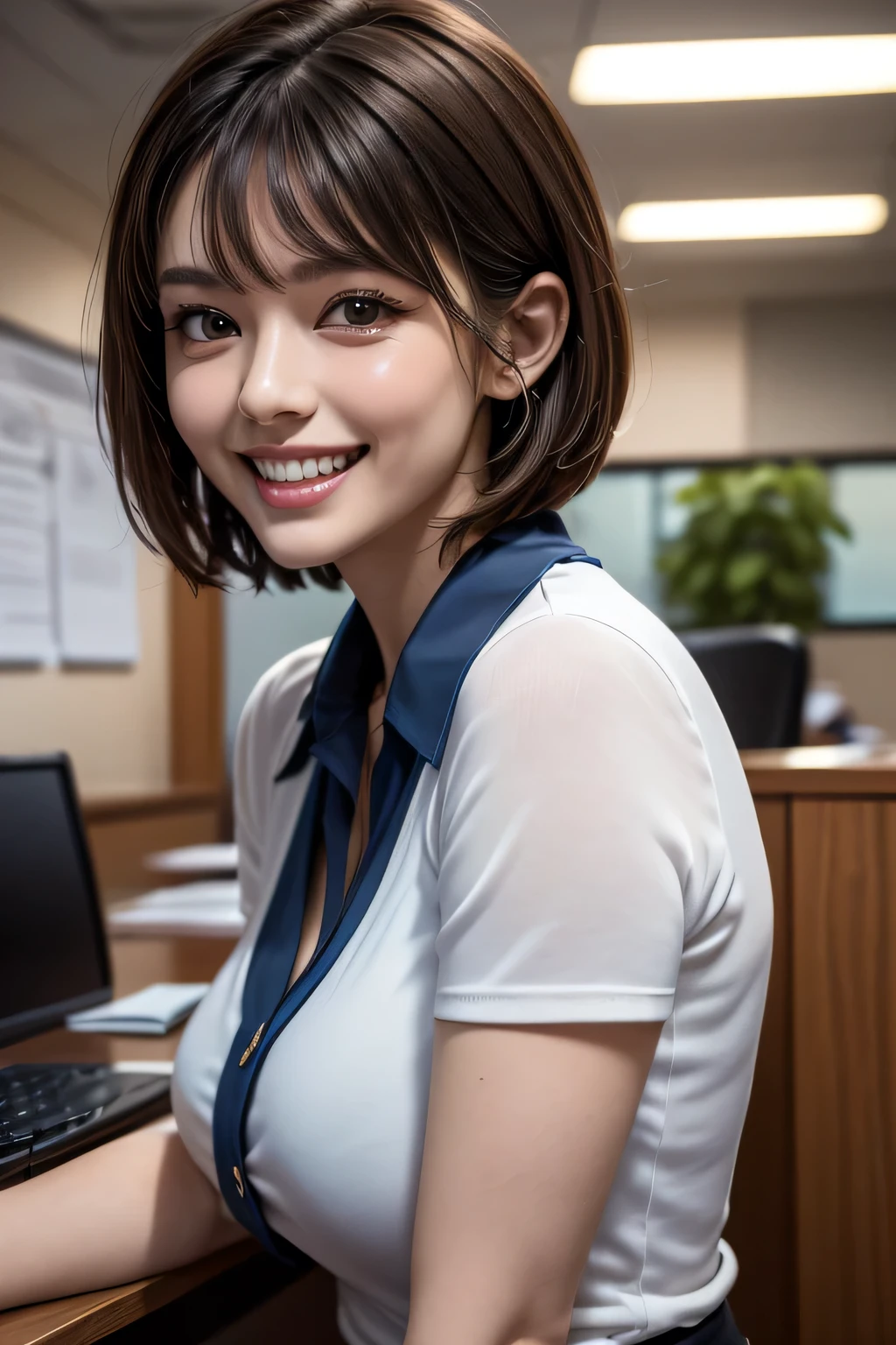 ((  masterpiece )), ((   top quality)), ((16k)), ((   surreal)), (( realistic)), (  mature), (( classes )),    very detailed , ( 1 Woman ), Beautiful and exquisite, (Beautiful Teeth), grin,  brunette pixie cut,    brown eyes  , (( blue blouse )), (   upper body), (( office)),    perfect eyes, amazing eyes,   Look at the audience with your body facing forward 