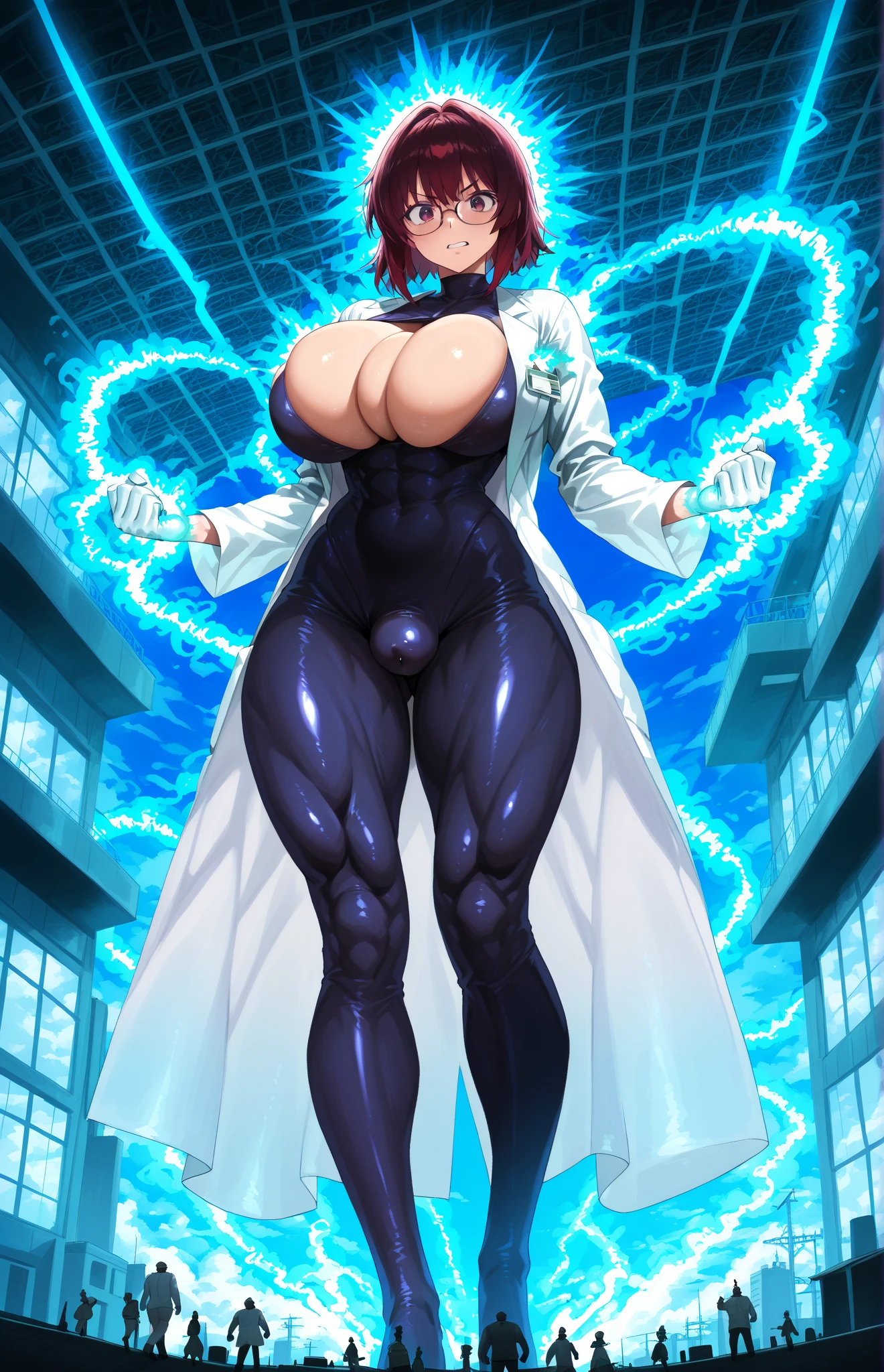 Woman, 30 years old. Nuclear scientist. Labcoat and glasses. Dark red hair. Irradiated by a radiation leak at nuclear power plant. Iridescent blue glow. She is transforming, growing into a 80ft tall giantess. Her muscles tighten and bulge. Her limbs lengthen and hips widen. Her breasts swell to enormous proportions. She grows through the roof of the containment building. Feeling powerful, strong,  sexy. 