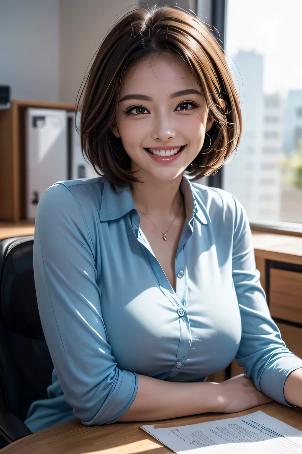 ((  masterpiece )), ((   top quality)), ((16k)), ((   surreal)), (( realistic)), (  mature), (( classes )),    very detailed , ( 1 Woman ), Beautiful and exquisite, (Beautiful Teeth), grin,  brunette pixie cut,    brown eyes  , (( blue blouse )), (   upper body), (( office)),    perfect eyes, amazing eyes,   Look at the audience with your body facing forward 