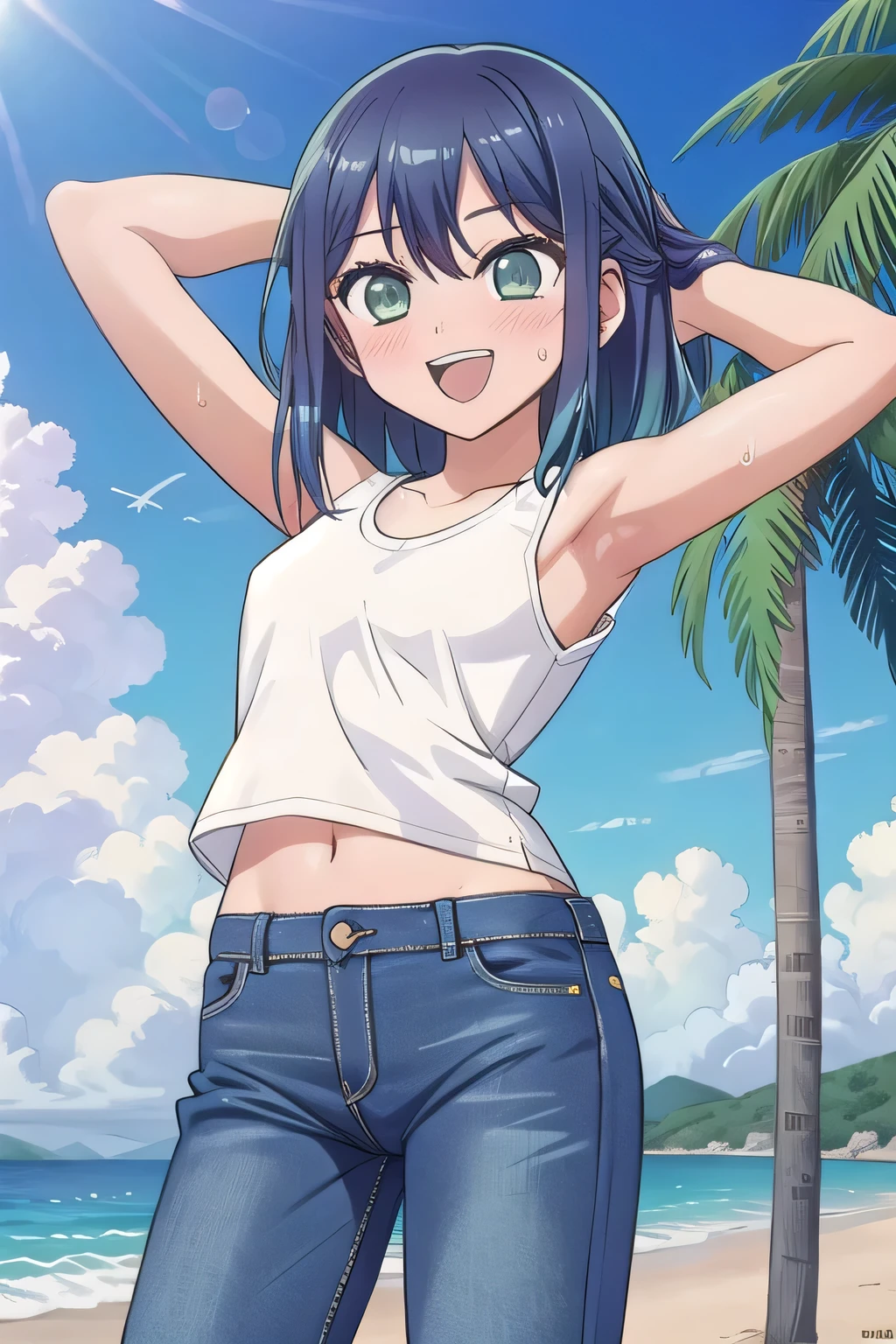 masterpiece,best quality,ultra detail,1girl, 14yo, petite, ((round face, ecstasy, orgasm face, drooping eyes, shame smiling, blush)), dropping eyes, sleepy, background((under the beach, (day:1.2), palm tree, bright sky)), akane kurokawa, bangs, (green eyes:1.3), blue hair, medium hair, dark blue hair, arms behind head, contrapposto, spread armpits, looking at viewer,, (white tank top:1.2), (white crop top:1.2), (jeans pants:1.2, flares jeans:1.2, skinny jeans:1.2, blue jeans:1.2), standing, (legs spread:1.2), sex pose, Sweaty crotch, Steam from the crotch, from below, full medium body