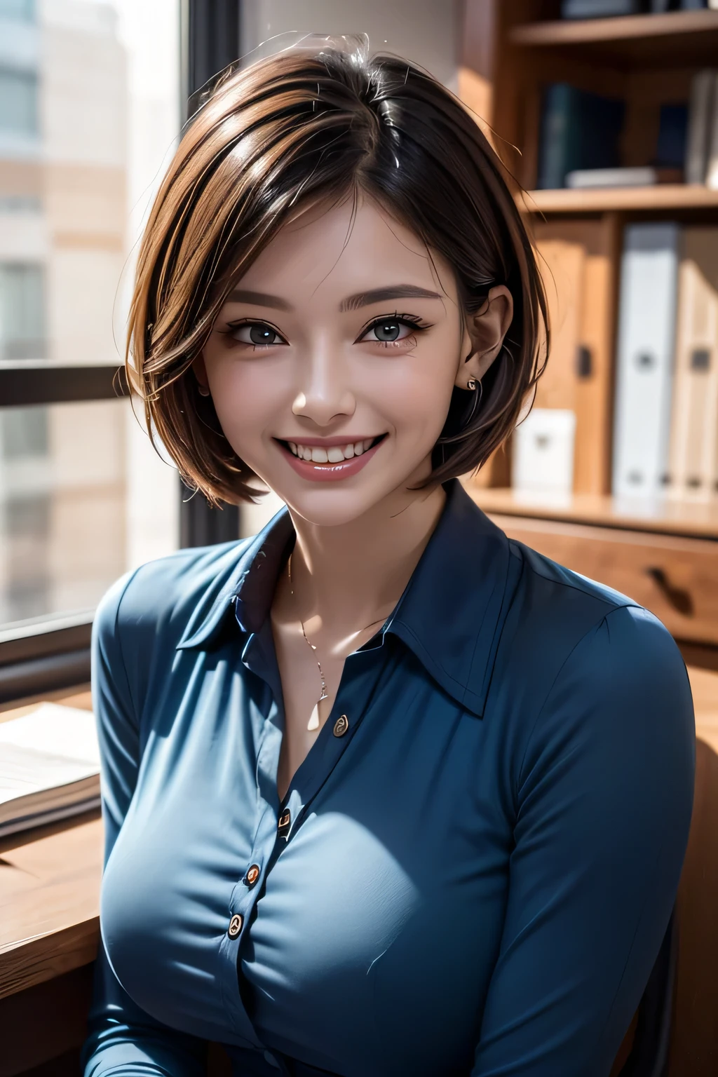 ((  masterpiece )), ((   top quality)), ((16k)), ((   surreal)), (( realistic)), (  mature), (( classes )),    very detailed , ( 1 Woman ), Beautiful and exquisite, (Beautiful Teeth), grin,  brunette pixie cut,    brown eyes  , (( blue blouse )), (   upper body), (( office)),    perfect eyes, amazing eyes,   Look at the audience with your body facing forward 