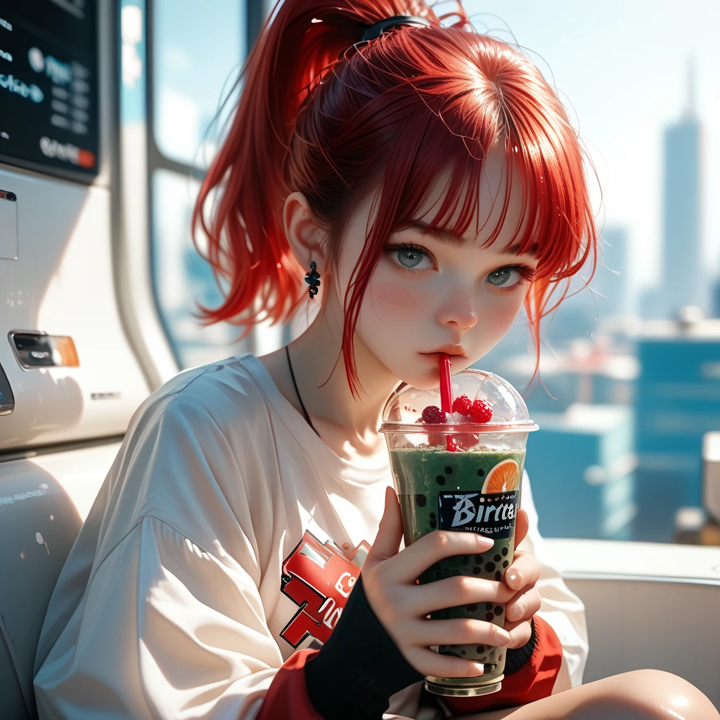 "A young girl with bright red hair , ponytail , bright skin, and the soft expression . Wearing future clothing . The girl sitting . Black .  The background is white , holding a boba drink , gives full focus to the character of the girl ."