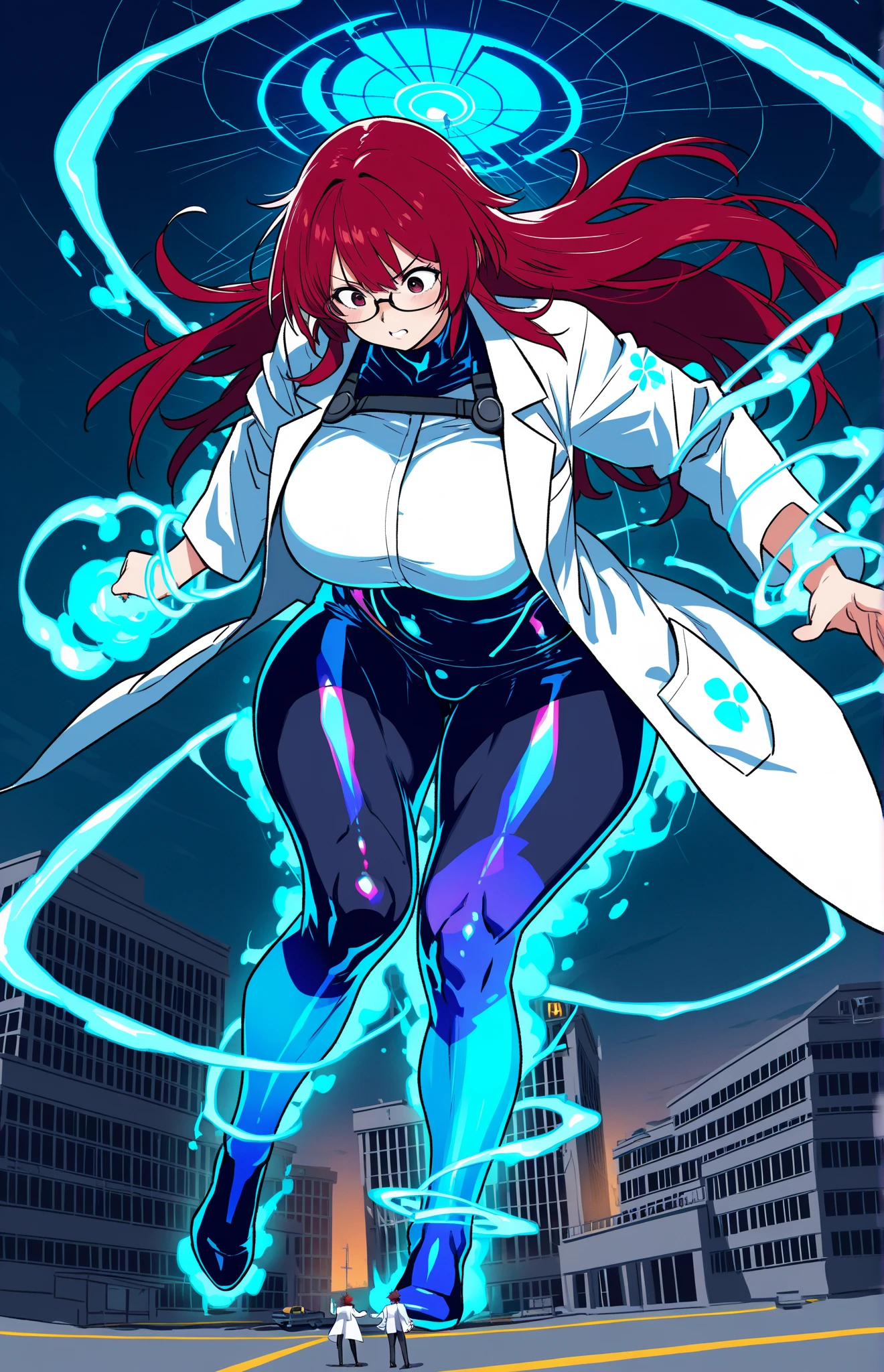 Woman, 30 years old. Nuclear scientist. Labcoat and glasses. Dark red hair. Irradiated by a radiation leak at nuclear power plant. Iridescent blue glow. She is transforming, growing into a 80ft tall giantess. Her muscles tighten and bulge. Her limbs lengthen and hips widen. Her breasts swell to enormous proportions. She grows through the roof of the containment building. Feeling powerful, strong,  sexy. 