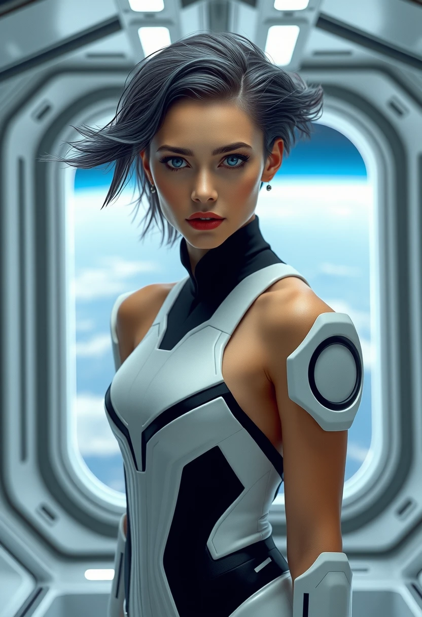 Create a hyperrealistic image of a futuristic room, Sharp everything, technological details inside a spaceship, white fluorescent structures, everything looks white, with big futuristic windows see through flying over a white planet, very bright and clear. Inside there is a beautiful brown skin woman with blue eyes, European face, captured in a natural pose. Perfect body, full body, detailed beautiful face, natural beauty, hyperrealistic skin, messy black hair, mixed with blue hair, She wears a futuristic designed outfit with incredible technological details and white luminescence. ¾ pose. The entire composition should reflect maximum detail and serve as a visual masterpiece. Strong radiant white light illumination. Highlight in the scene the futuristic environment, 