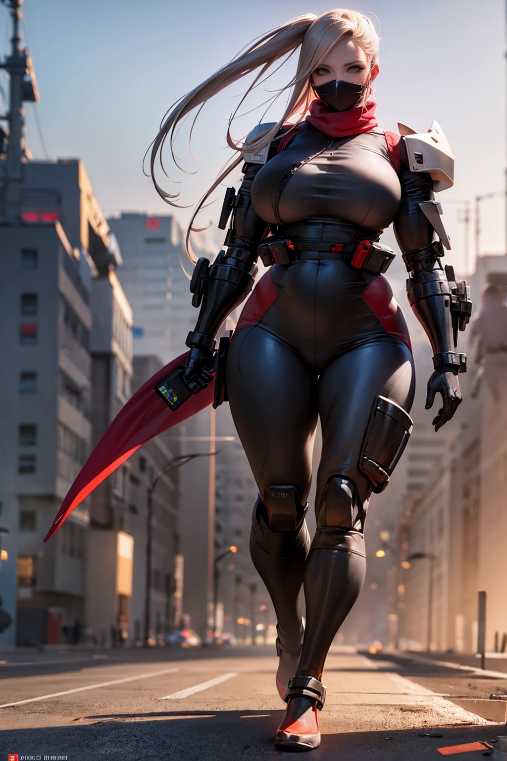 (Female Ninja Cruel Mecha: 1.3, Full body covering mechanism, Heavy AWP on your back,  dslr ,  Light Tracing, 3d,  concept art ,  action painting,  movie lighting,  chiaroscuro) :(1.3).  Highlight the curve of your chest ,  long white ponytail hair looks graceful and attractive. Masterpiece in 8K resolution, (Murder and terror): 0.5,   long red scarf fluttering in the wind  , With a war-torn city in the background. 