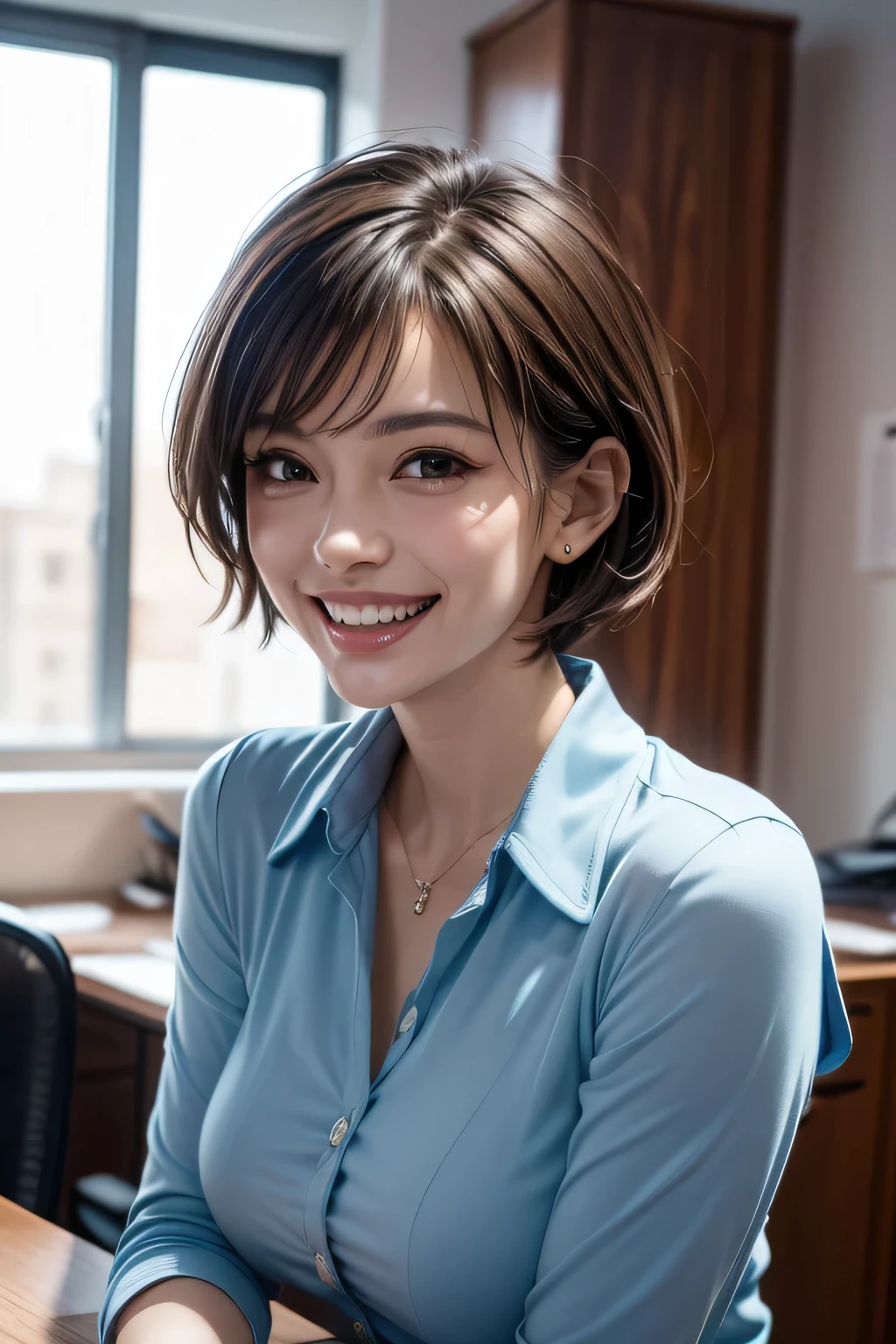 ((  masterpiece )), ((   top quality)), ((16k)), ((   surreal)), (( realistic)), (  mature), (( classes )),    very detailed , ( 1 Woman ), Beautiful and exquisite, (Beautiful Teeth), grin,  brunette pixie cut,    brown eyes  , (( blue blouse )), (   upper body), (( office)),    perfect eyes, amazing eyes,   Look at the audience with your body facing forward 