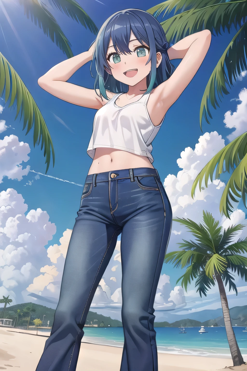 masterpiece,best quality,ultra detail,1girl, 14yo, petite, ((round face, ecstasy, orgasm face, drooping eyes, shame smiling, blush)), dropping eyes, sleepy, background((under the beach, (day:1.2), palm tree, bright sky)), akane kurokawa, bangs, (green eyes:1.3), blue hair, medium hair, dark blue hair, arms behind head, contrapposto, spread armpits, looking at viewer,, (white tank top:1.2), (white crop top:1.2), (jeans pants:1.2, flares jeans:1.2, skinny jeans:1.2, blue jeans:1.2), standing, (legs spread:1.2), sex pose, Sweaty crotch, Steam from the crotch, from below, full medium body