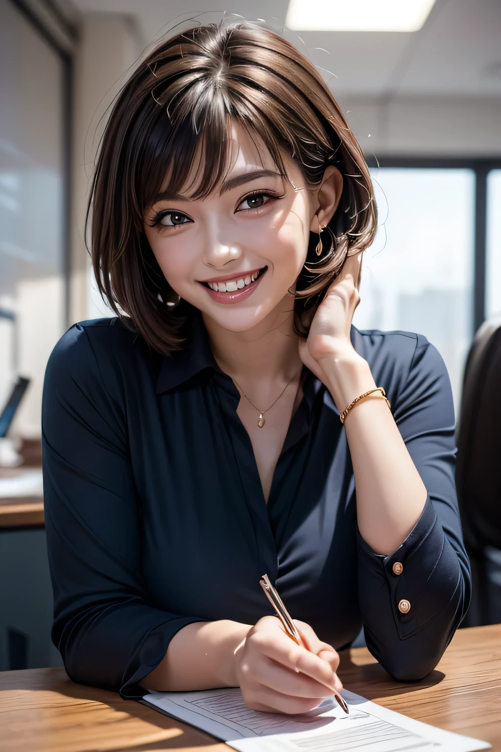 ((  masterpiece )), ((   top quality)), ((16k)), ((   surreal)), (( realistic)), (  mature), (( classes )),    very detailed , ( 1 Woman ), Beautiful and exquisite, (Beautiful Teeth), grin,  brunette pixie cut,    brown eyes  , (( blue blouse )), (   upper body), (( office)),    perfect eyes, amazing eyes,   Look at the audience with your body facing forward 