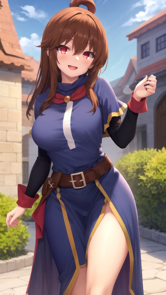 masterpiece, best quality, high quality, girl, solo, looking at viewer, keyaru_kaifuku_jutsushi, brown hair, red eyes, hair between eyes, large breasts, KonoSuba cosplay, princess Dress, standing, smile, open mouth, outdoors 