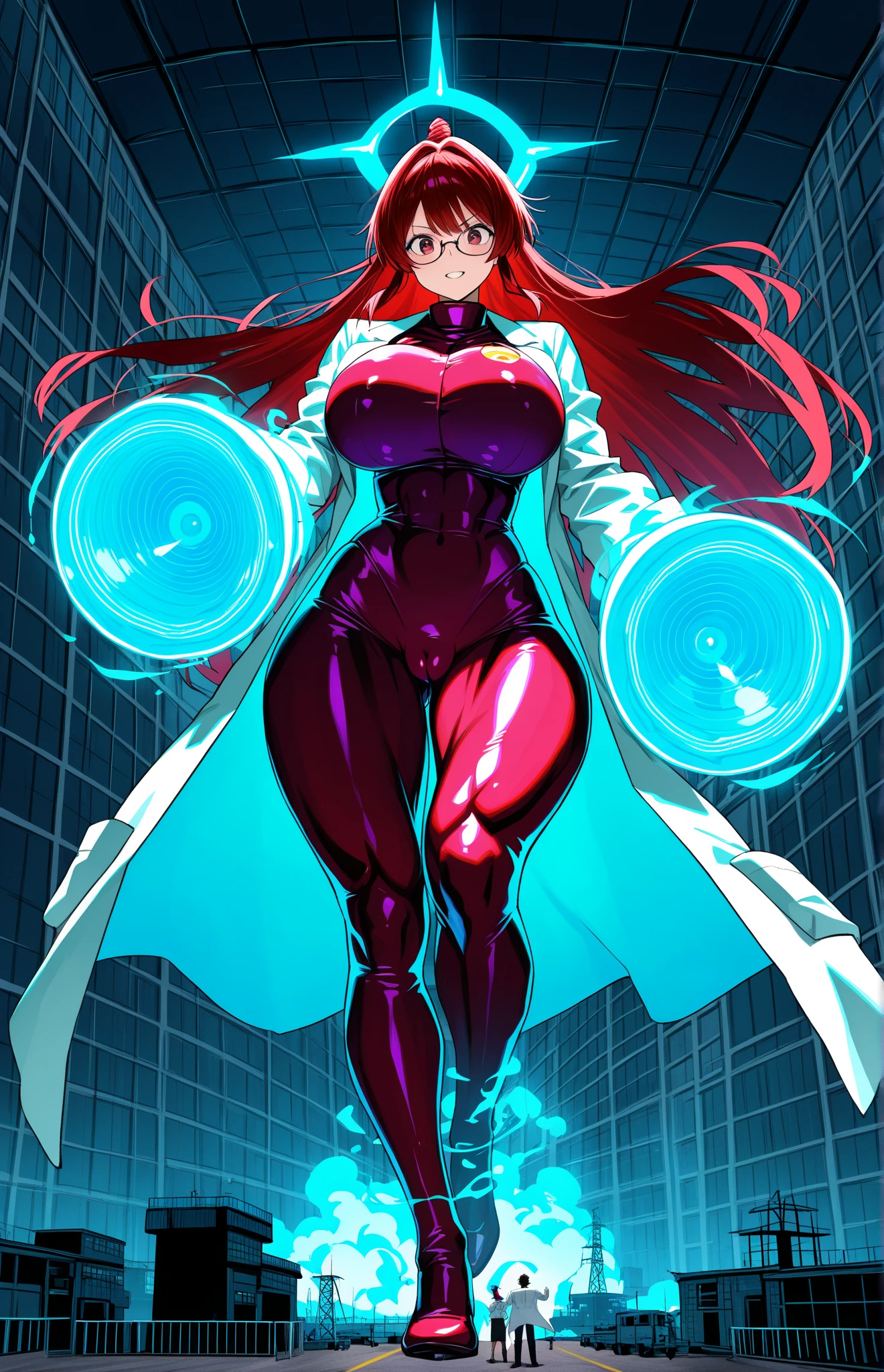 Woman, 30 years old. Nuclear scientist. Labcoat and glasses. Dark red hair. Irradiated by a radiation leak at nuclear power plant. Iridescent blue glow. She is transforming, growing into a 80ft tall giantess. Her muscles tighten and bulge. Her limbs lengthen and hips widen. Her breasts swell to enormous proportions. She grows through the roof of the containment building. Feeling powerful, strong,  sexy. 