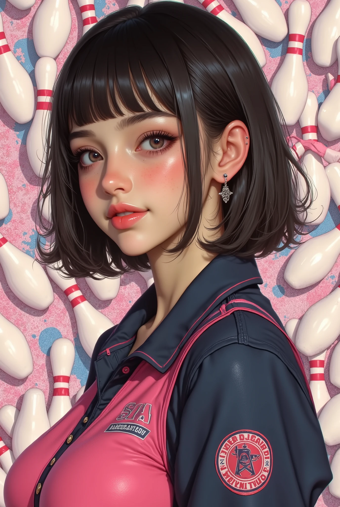 Famous Paintings、 top quality、woman、Freckles、 princess cut、Trimmed bangs、 black hair、 shorthair 、I can see my teeth being straightened with a smile、 profile、 upper body、Female professional bowling player 、 Big Bust 、 facing the front、 pastel bowling pin collage background、front、solo、
